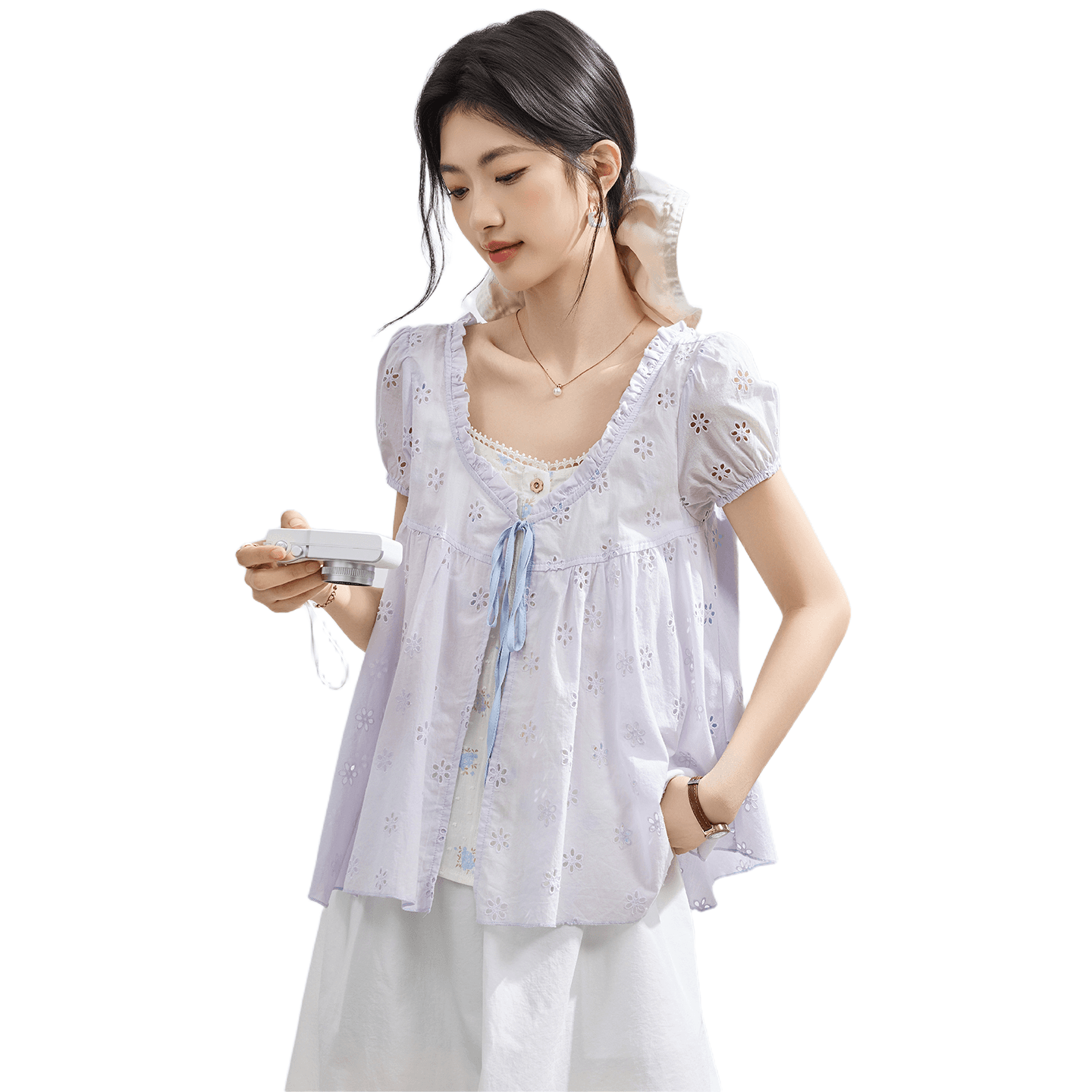 패치워크 배색 페이크 레이어드 반팔 여성 셔츠 2026 여름 새로운 디자인 센스 프랑스식 달콤함 인형 셔츠 맨위 이미지 5