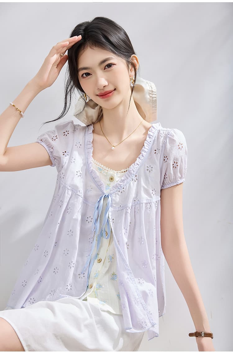 패치워크 배색 페이크 레이어드 반팔 여성 셔츠 2026 여름 새로운 디자인 센스 프랑스식 달콤함 인형 셔츠 맨위 상세 이미지 24
