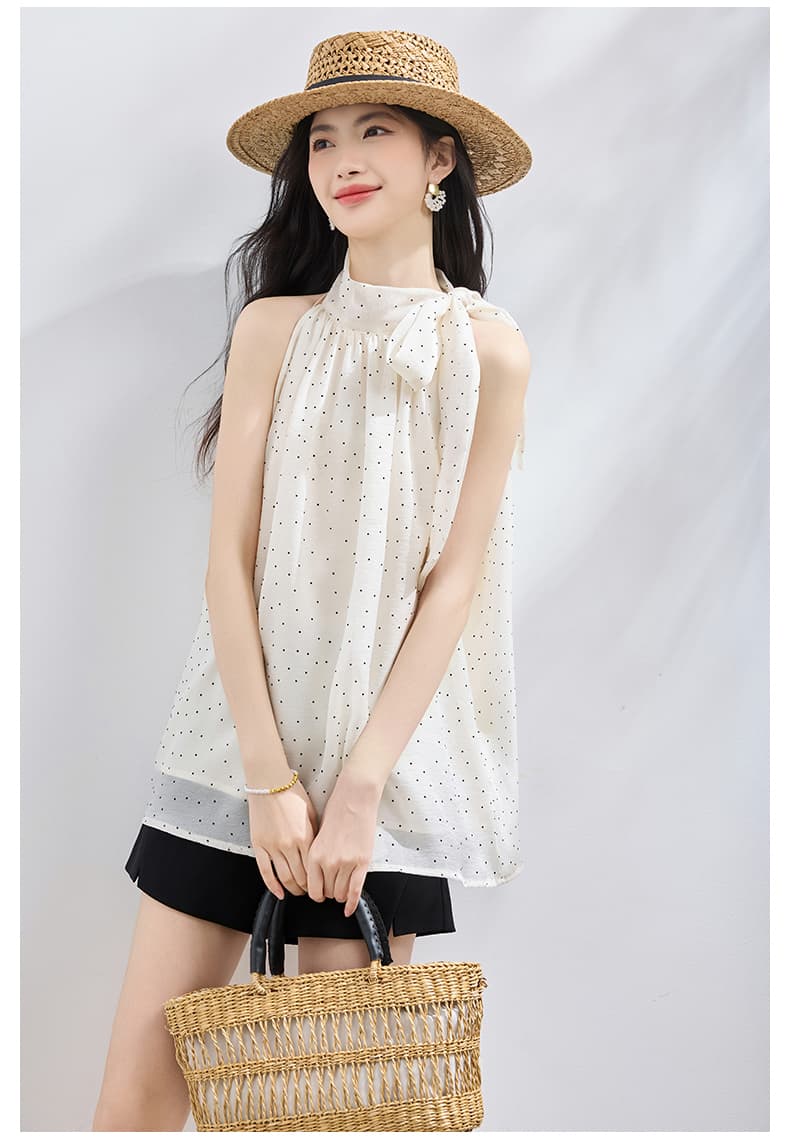 재고 있음 실사 나비 넥타이 행침 목 민소매 조끼 여성 2026 여름 품격 루즈핏 슬림해 보이는 셔츠 맨위 상세 이미지 16