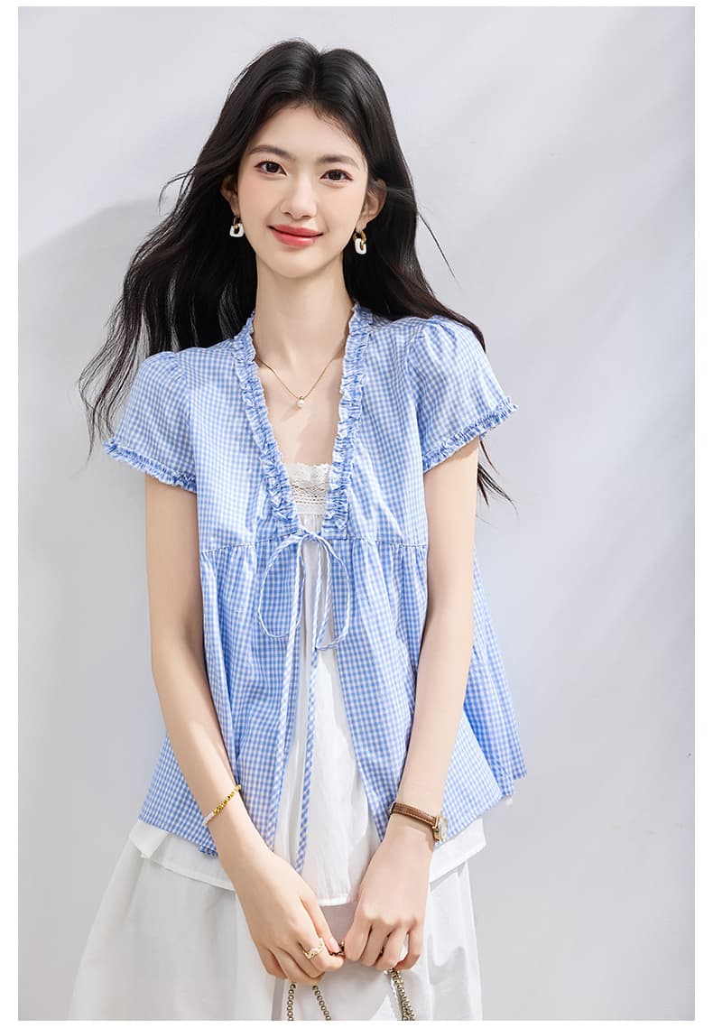 재고 있음 실사 페이크 레이어드 체크무늬 반팔 여성 셔츠 여름 새로운 인형 셔츠 슬림해 보이는 표지 고기 품격 셔츠 맨위 상세 이미지 17