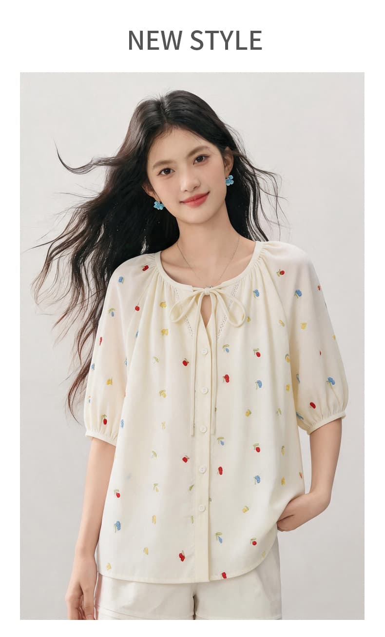 여름 새로운 다용도 루즈핏 자수 라운드 넥 레이스업 반팔 셔츠 여성 셔츠 여름 작은 셔츠 상세 이미지 1