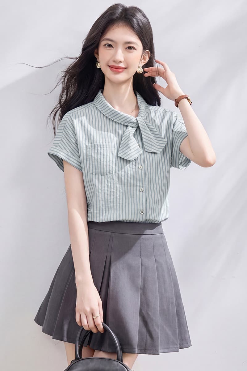 재고 있음 실사 레트로 비대칭 나비 넥타이 작은 셔츠 여름 새로운 비스듬한 문 襟 디자인 스트라이프 여성 셔츠 이미지 6