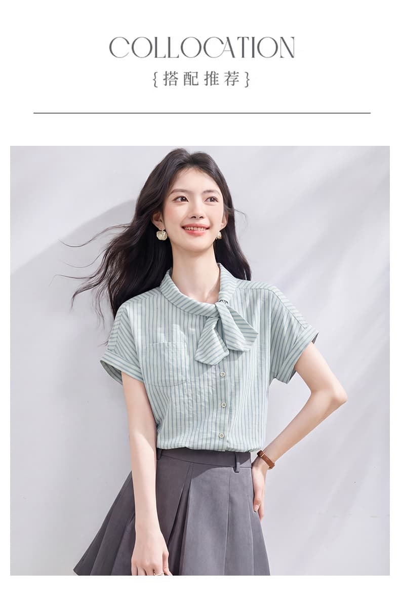 재고 있음 실사 레트로 비대칭 나비 넥타이 작은 셔츠 여름 새로운 비스듬한 문 襟 디자인 스트라이프 여성 셔츠 상세 이미지 10