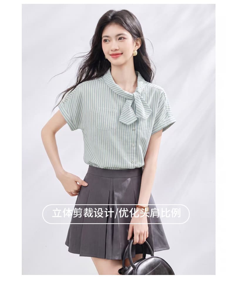 재고 있음 실사 레트로 비대칭 나비 넥타이 작은 셔츠 여름 새로운 비스듬한 문 襟 디자인 스트라이프 여성 셔츠 상세 이미지 12