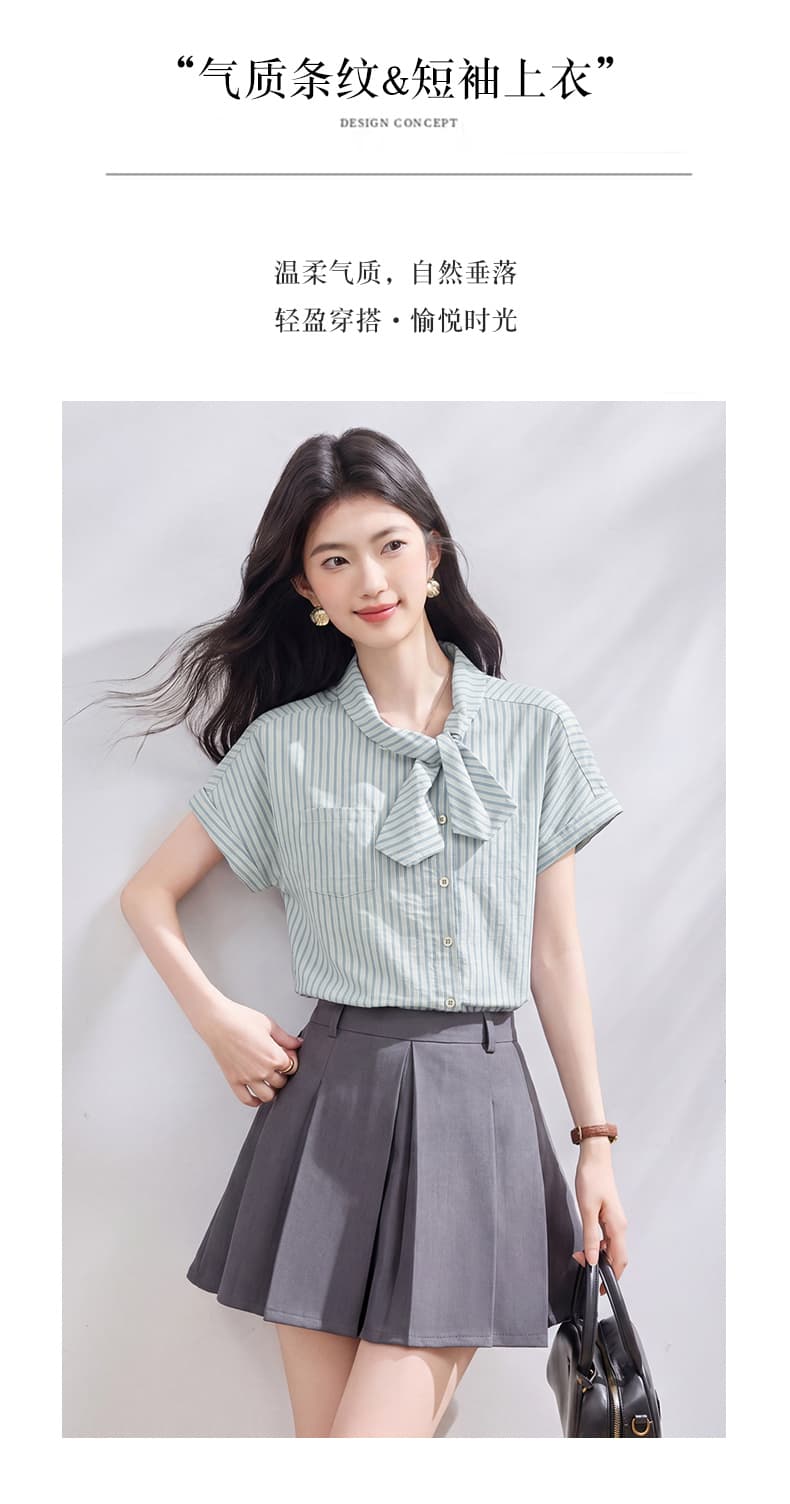재고 있음 실사 레트로 비대칭 나비 넥타이 작은 셔츠 여름 새로운 비스듬한 문 襟 디자인 스트라이프 여성 셔츠 상세 이미지 13