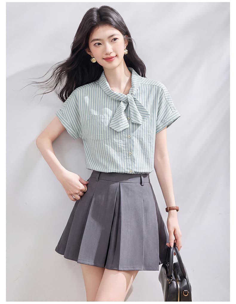 재고 있음 실사 레트로 비대칭 나비 넥타이 작은 셔츠 여름 새로운 비스듬한 문 襟 디자인 스트라이프 여성 셔츠 상세 이미지 16