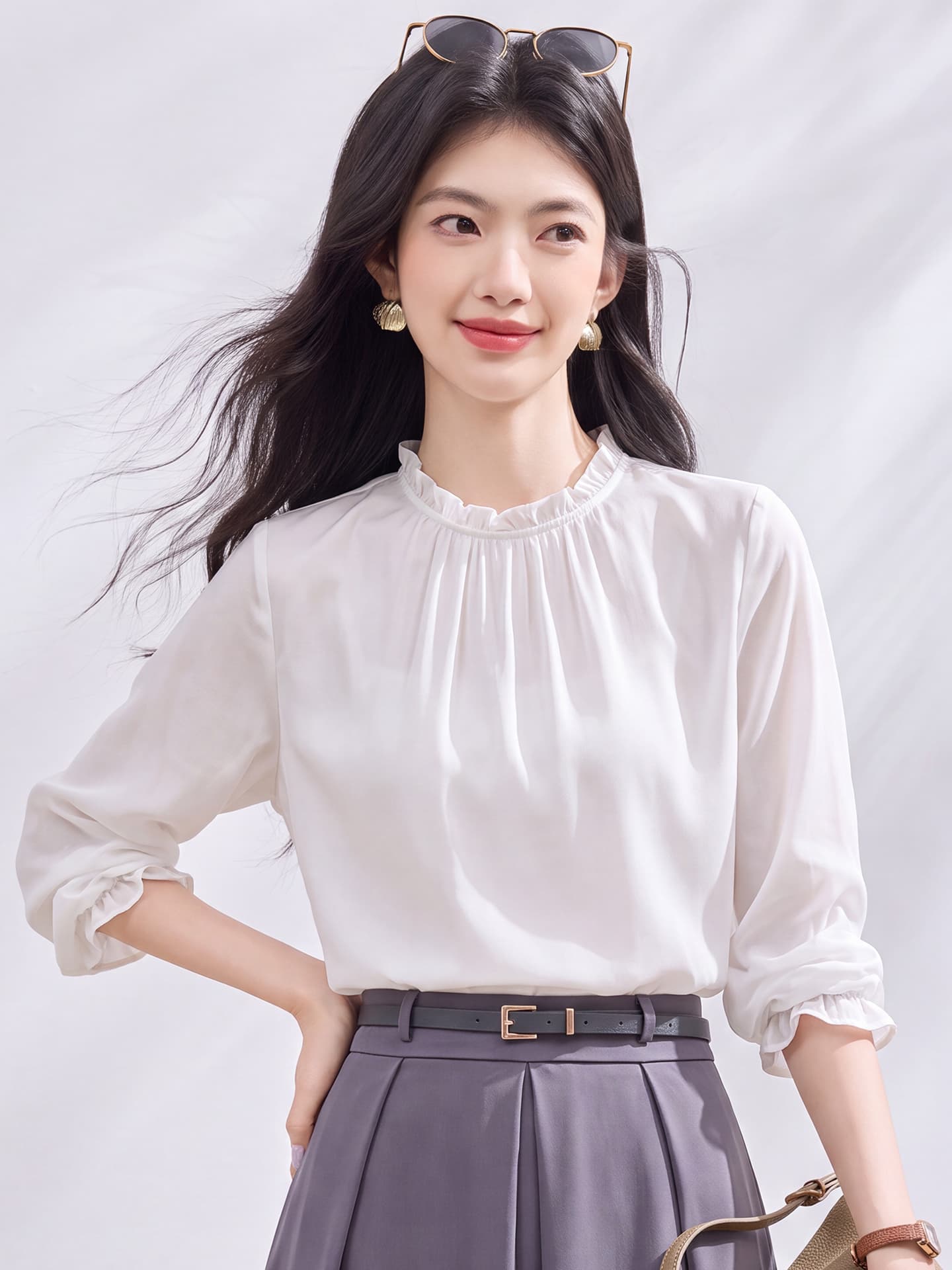 있음 선적 실사 2026 가을 새로운 한국 스타일 다용도 긴팔 캐주얼 흰 셔츠 여성 셔츠 이미지 2