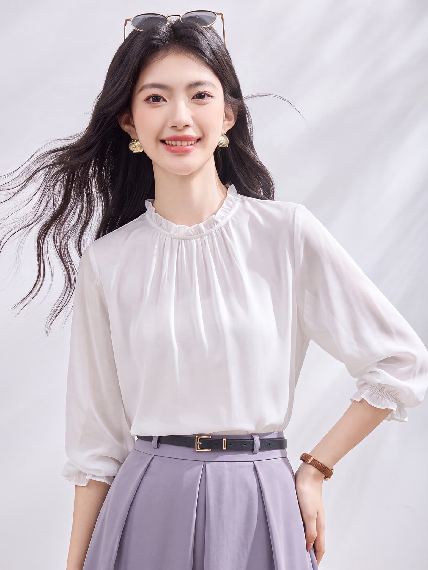 있음 선적 실사 2026 가을 새로운 한국 스타일 다용도 긴팔 캐주얼 흰 셔츠 여성 셔츠 이미지 3