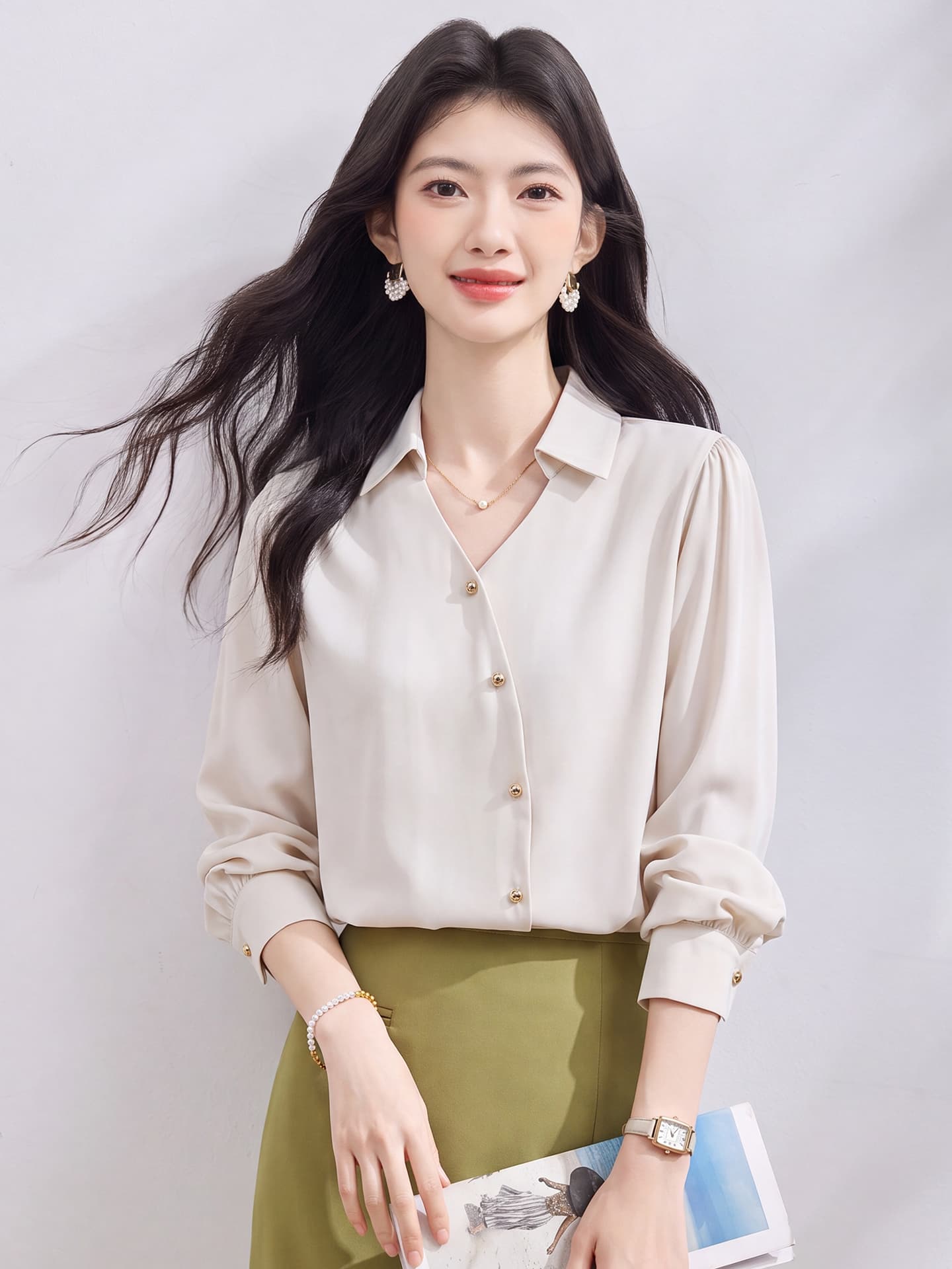 있음 선적 실사 2026 가을 새로운 한국 스타일 다용도 긴팔 캐주얼 셔츠 여성 셔츠 이미지 3