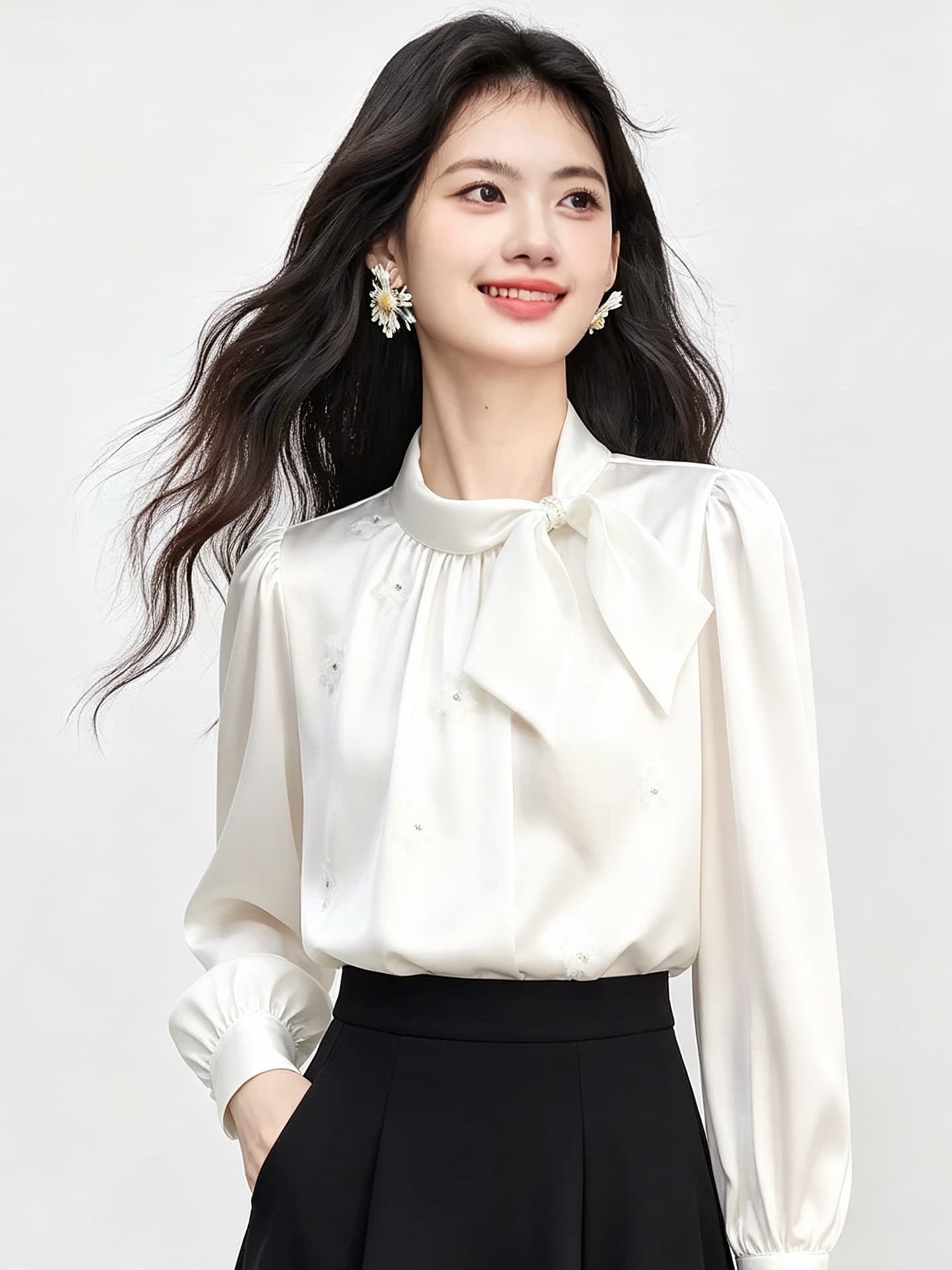 있음 선적 실사 2026 가을 새로운 한국 스타일 다용도 긴팔 캐주얼 흰 셔츠 여성 셔츠 이미지 3