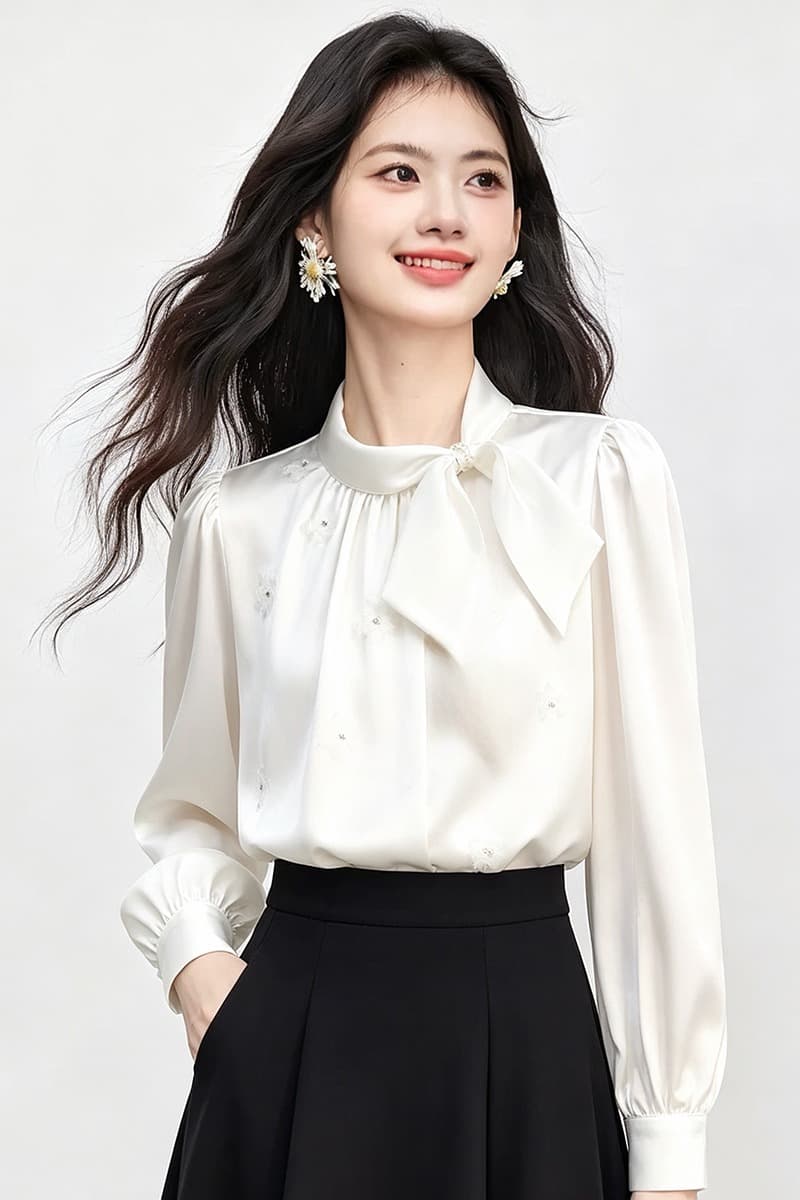 있음 선적 실사 2026 가을 새로운 한국 스타일 다용도 긴팔 캐주얼 흰 셔츠 여성 셔츠 이미지 6