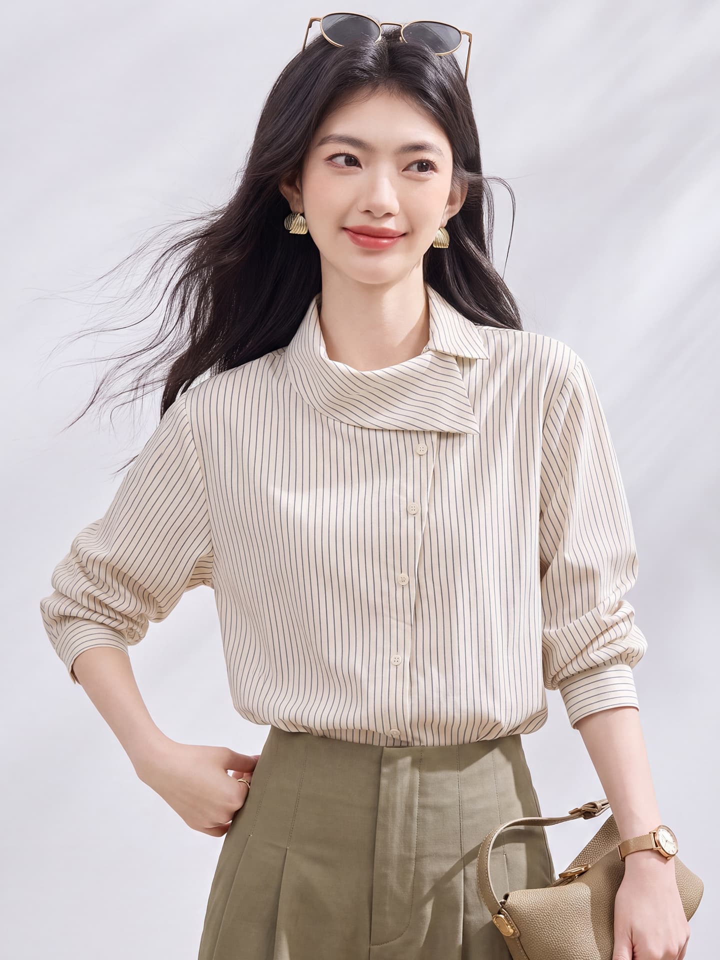 있음 선적 실사 2026 가을 새로운 한국 스타일 다용도 긴팔 캐주얼 셔츠 여성 셔츠 이미지 2