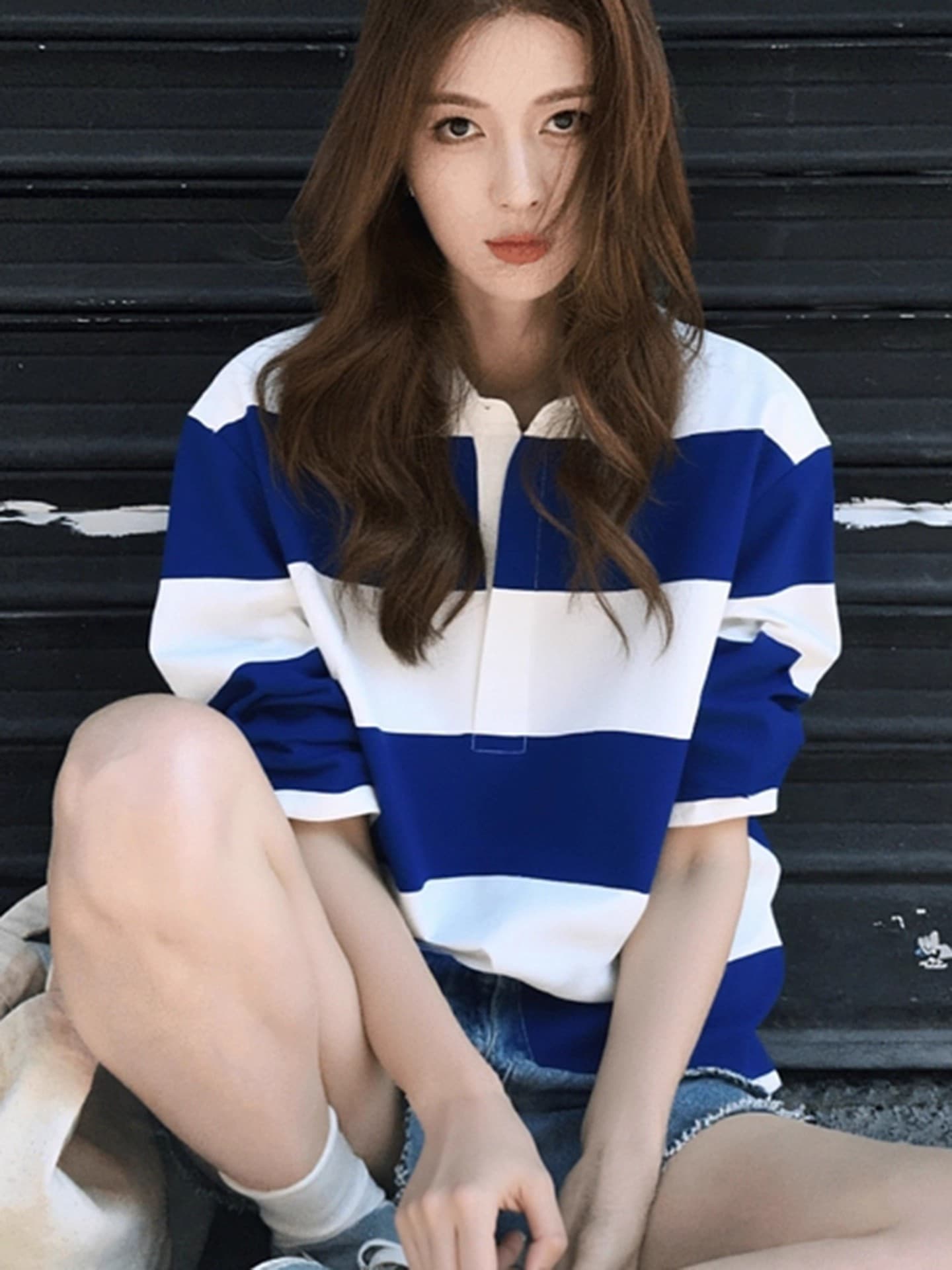 조기 가을 의상 작은 키 한 첨부 된 의류 아메리칸 레트로 느긋한 chic 도파민 블루 화이트 스트라이프 긴팔 후드티 여성 이미지 2