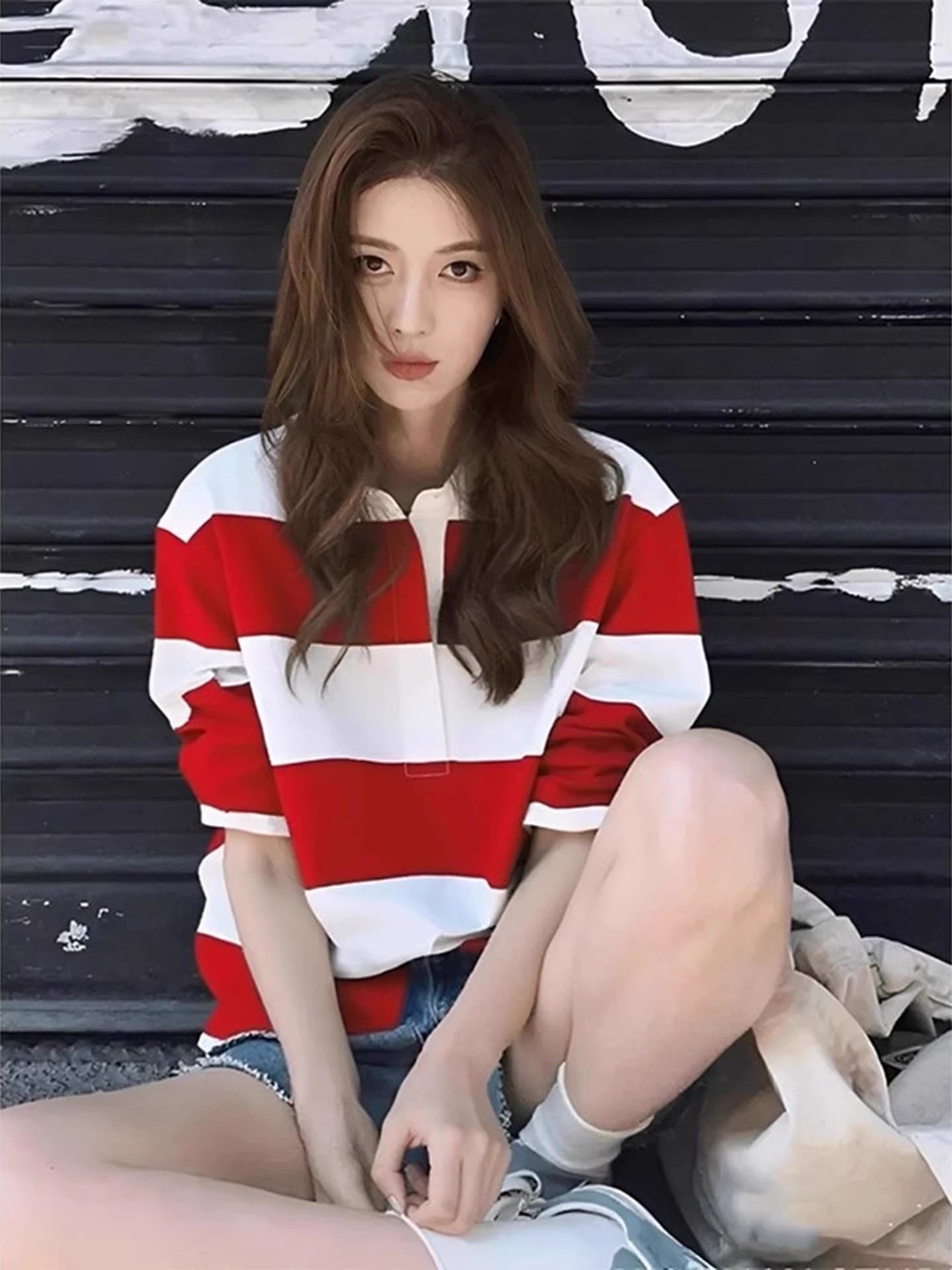 조기 가을 의상 작은 키 한 첨부 된 의류 아메리칸 레트로 느긋한 chic 도파민 블루 화이트 스트라이프 긴팔 후드티 여성 이미지 3