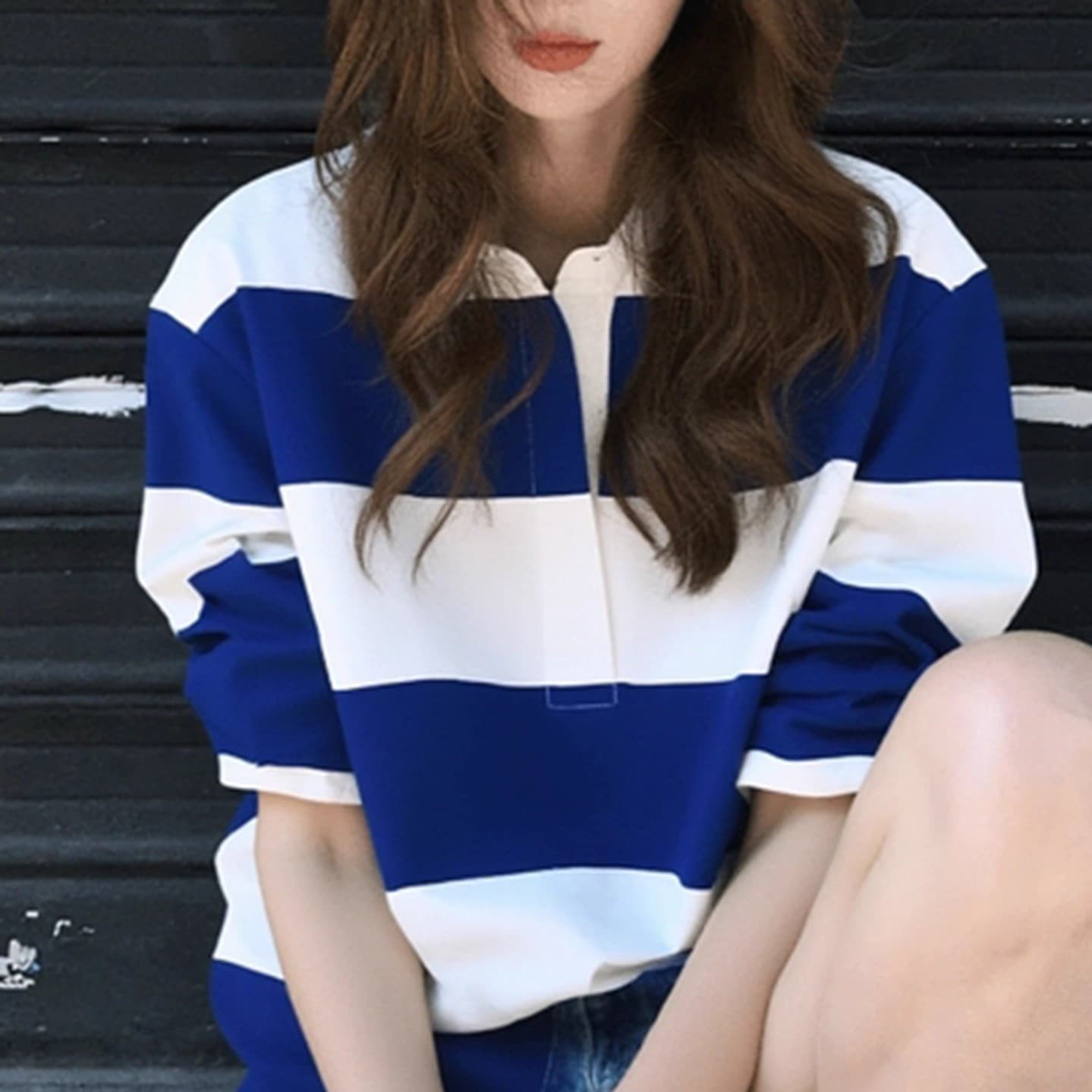 조기 가을 의상 작은 키 한 첨부 된 의류 아메리칸 레트로 느긋한 chic 도파민 블루 화이트 스트라이프 긴팔 후드티 여성 이미지 5