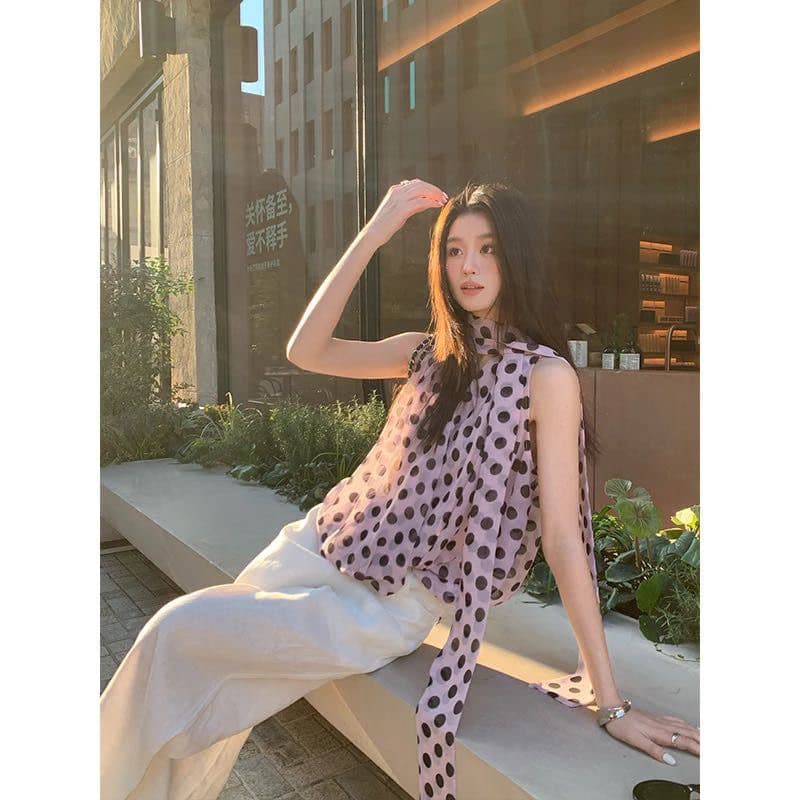 향기로운 백주 로맨스 rare zz 프랑스식 청 부드러운 핑크색 마이크로 ~을 통해 도트 무늬 민소매 맨위 이미지 2