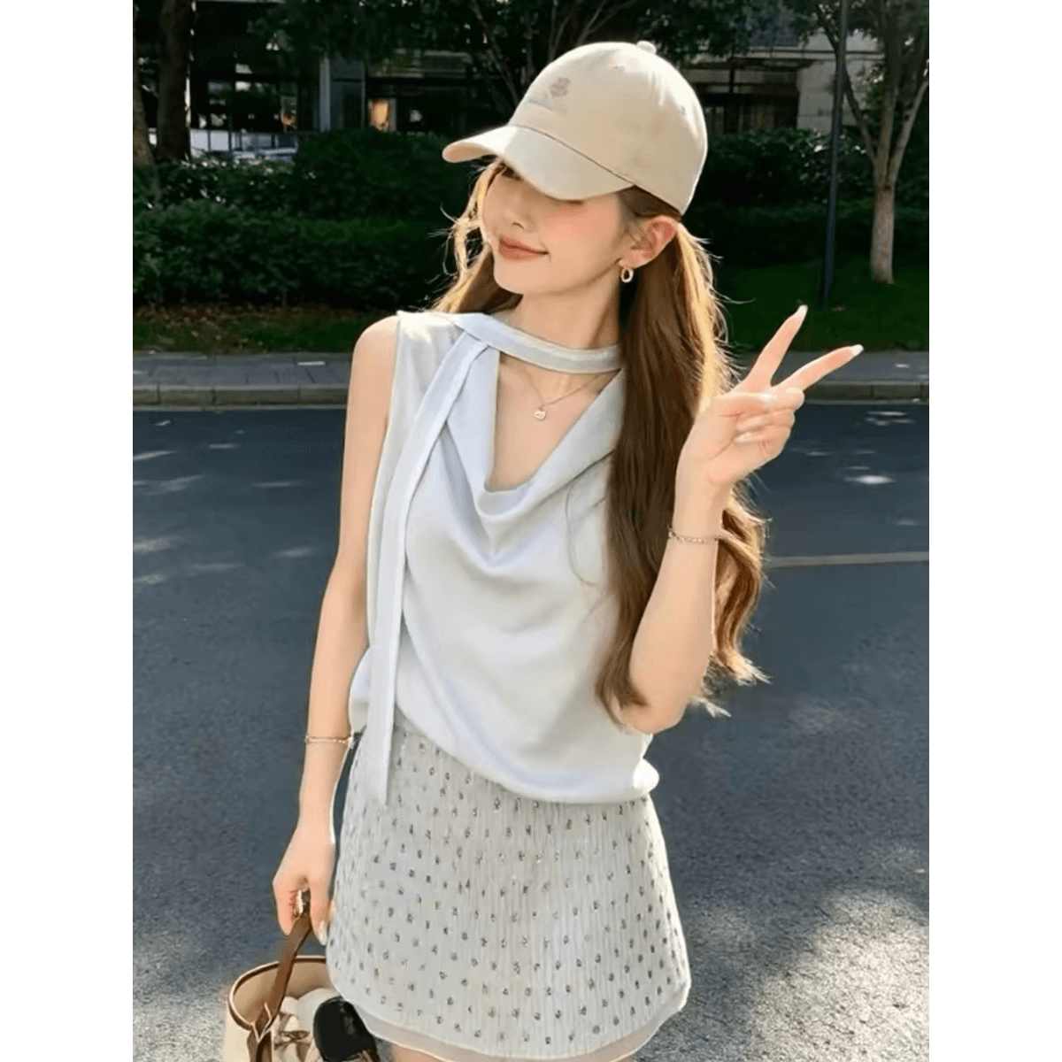 프랑스식 품격 흔들다 칼라 행침 목 리본 민소매 조끼 여성 여름 새로운 디자인 센스 슬림해 보이는 출퇴근 다용도 맨위 이미지 5
