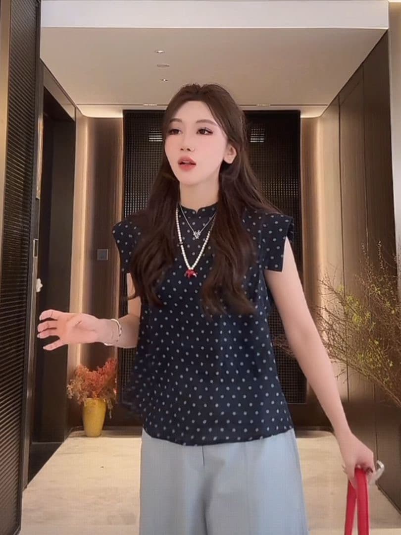 Cypress 눈 추천 아침 바람 여름 새로운 작은 샤넬 스타일 라미 도트 무늬 통기성 연령 감소 반팔 티셔츠 맨위 여성 이미지 5