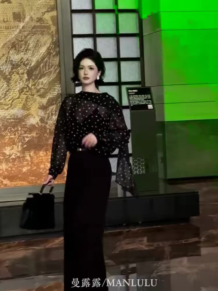 레트로 프랑스식 도트 무늬 검정색 긴팔 맨위 여성 여름 새로운 얇은 스타일 품격 고급 슬림해 보이는 자외선 차단 블라우스 이미지 3
