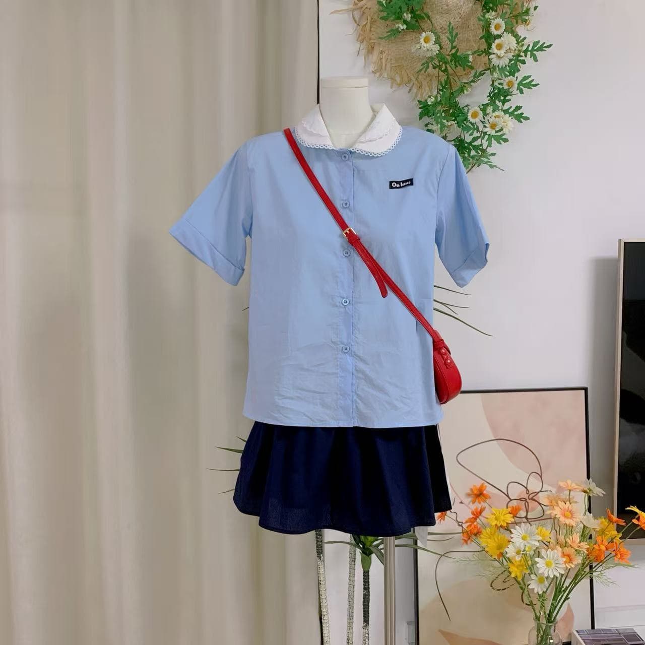 coolline 숲 희 사랑 베이비 칼라 파란색 반팔 셔츠 둘 색상 반신 치마 세트 이미지 3