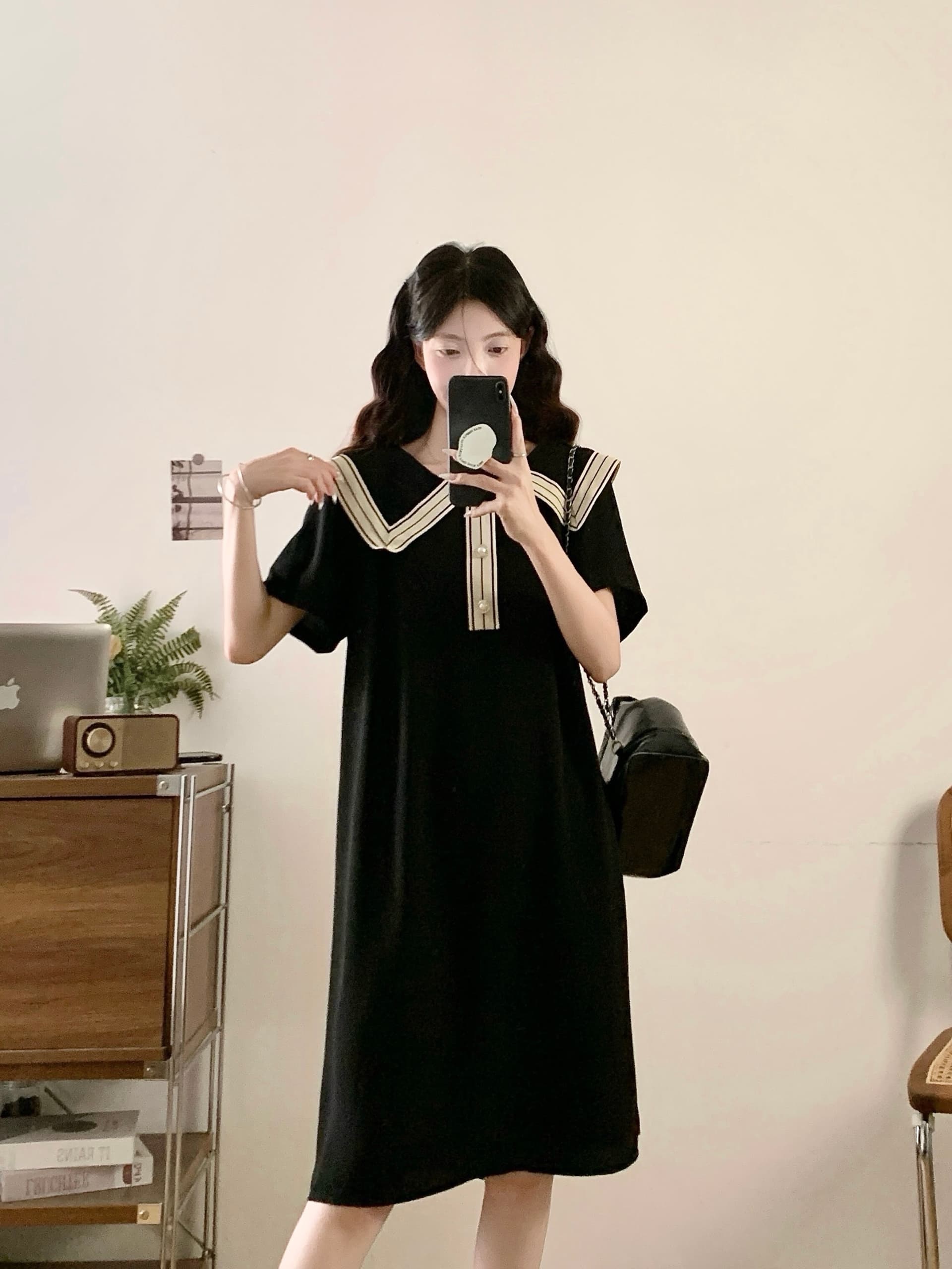 실사 빅 사이즈 여성 의류 2026 여름 새로운 프랑스식 미니멀리즘 패션 캐주얼 루즈핏 슬림해 보이는 해군 칼라 드레스 상세 이미지 7