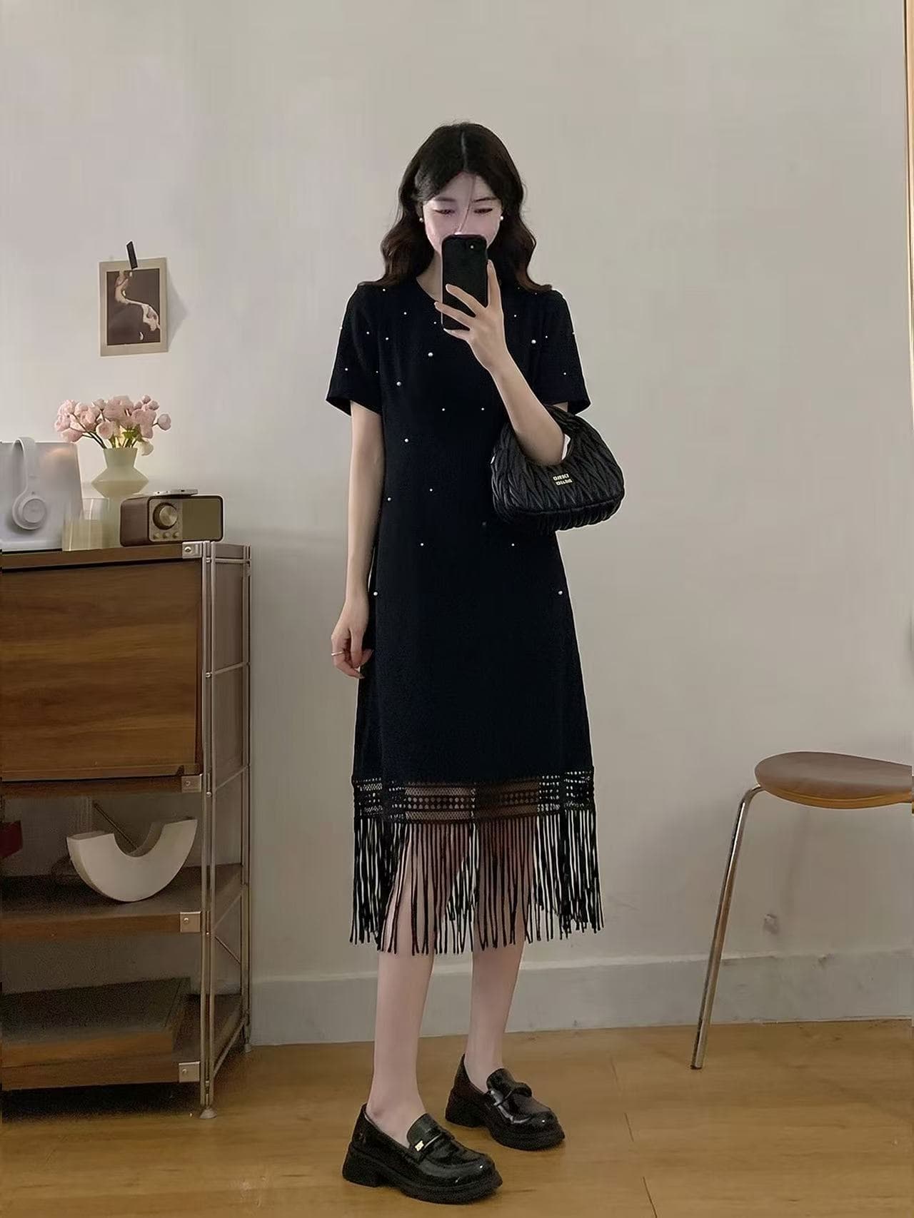 실사 빅 사이즈 여성 의류 2026 여름 새로운 프랑스식 품격 술 지방 mm 비즈 박기 루즈핏 슬림해 보이는 드레스 상세 이미지 9