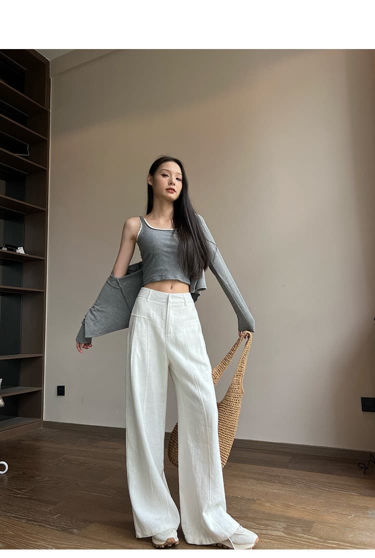 화이트 아마 라미 와이드 레깅스 바지 여름 얇은 스타일 하이웨이스트 도루 센스 오래된 돈 바람 정장 스트레이트 면 린넨 캐주얼 바지 상세 이미지 2