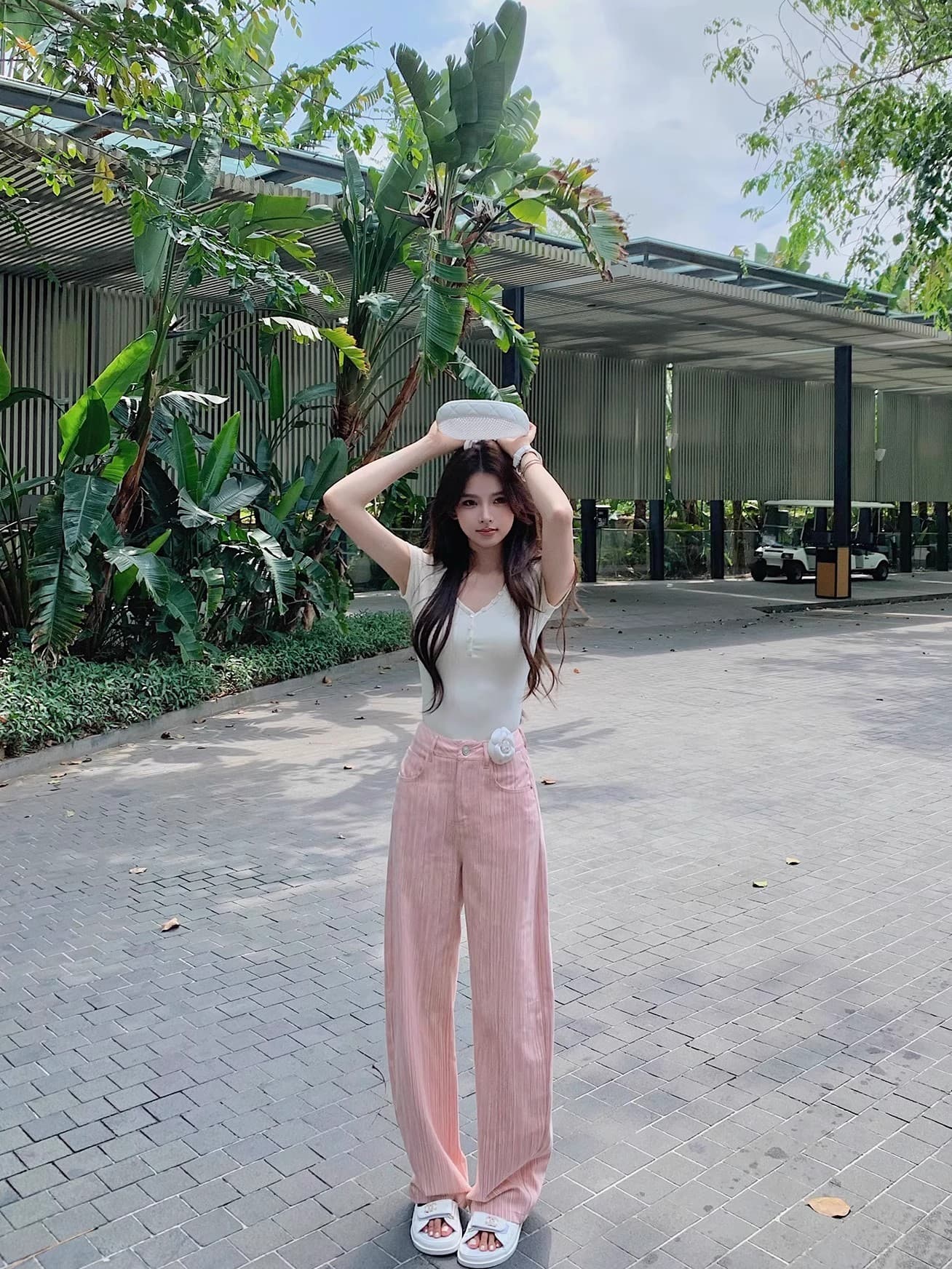 제한적 먼저 사쿠라 분말 부드러운 암소 pink summer ~ 중 질감 센스 스트라이프 모통이 칼 바지 상세 이미지 4