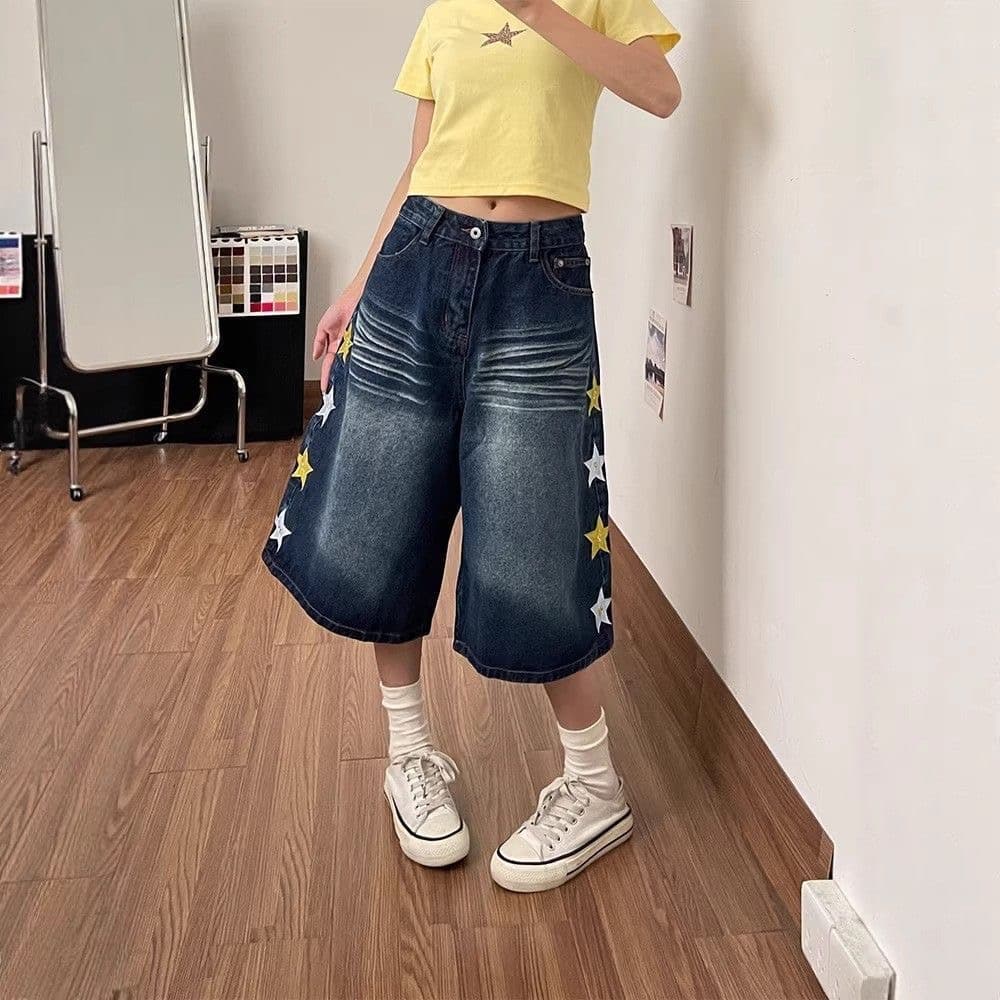 아메리칸 레트로 별 자수 데님 7부 바지 여자 2026 여름 새로운 루즈핏 슬림해 보이는 와이드 레그 팬츠 반바지 이미지 3