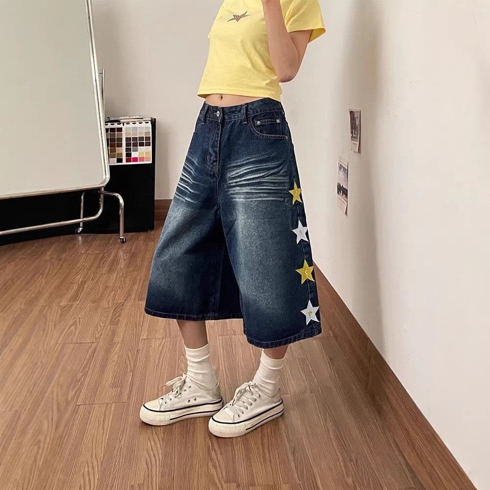 아메리칸 레트로 별 자수 데님 7부 바지 여자 2026 여름 새로운 루즈핏 슬림해 보이는 와이드 레그 팬츠 반바지 상세 이미지 4