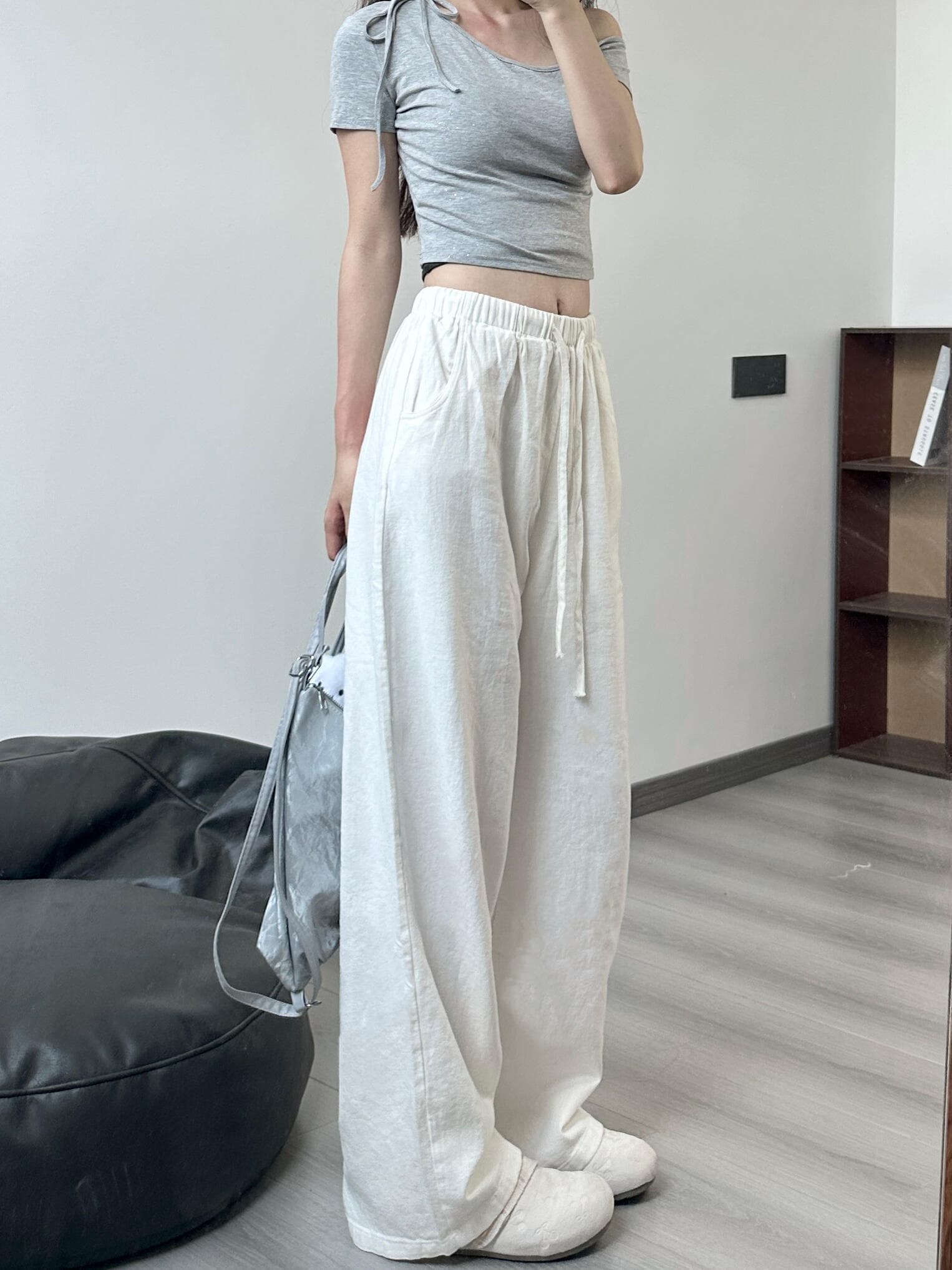 와이드 레그 팬츠 캐주얼 바지 느슨함 센스 면 린넨 바지 캐주얼 바지 여성 새로운 상세 이미지 3