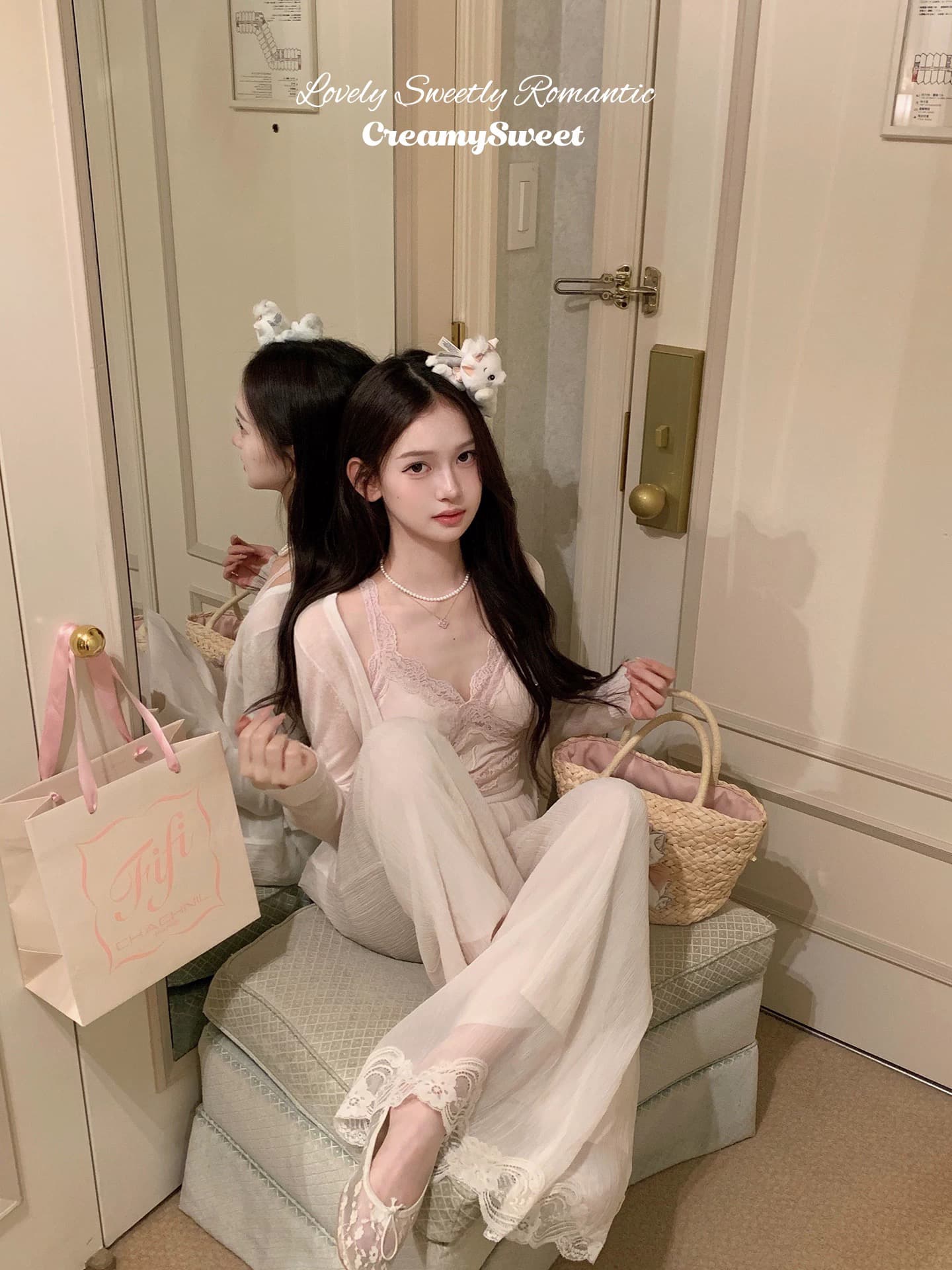 creamysweet 느긋한 펄럭 이는 바지 레이스 조각 홀로우 아웃 레이스 느슨함 도루 가을 센스 캐주얼 긴 바지 여성 상세 이미지 1