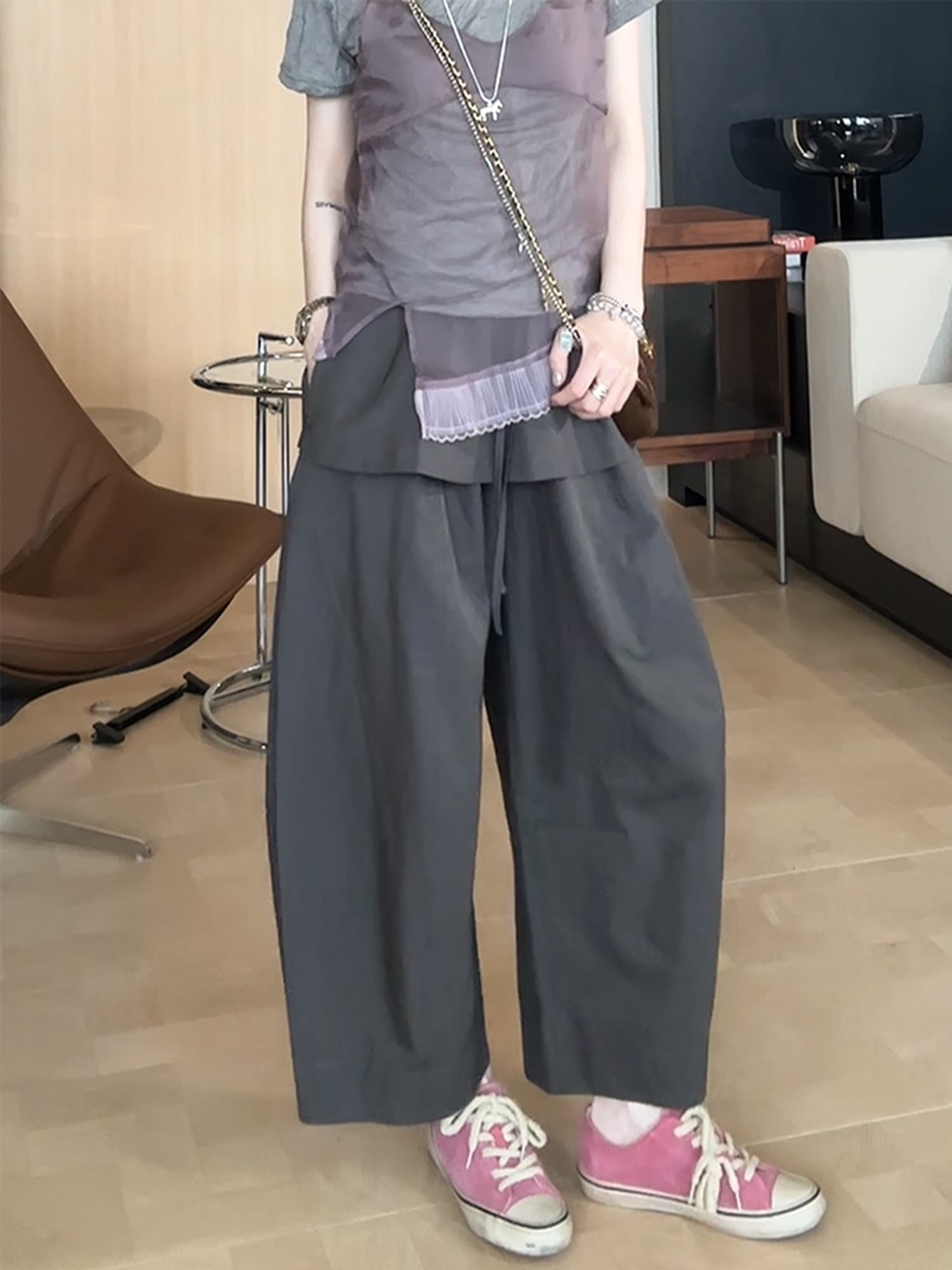 치자 나무 꽃 청 비 도시 느슨함 센스 패션 방귀 커튼 풍선 바지 다용도 캐주얼 공기 바지 이미지 3