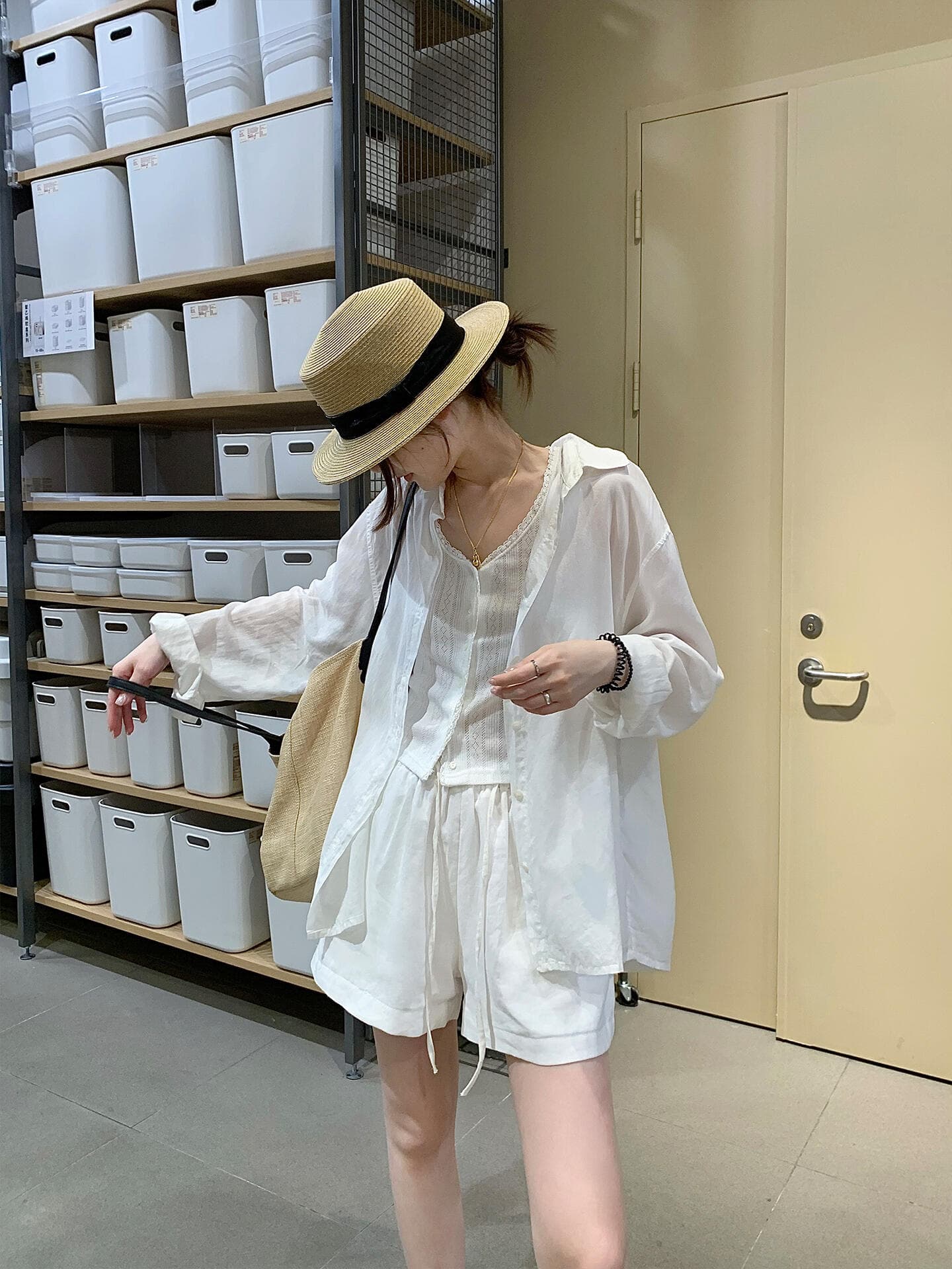 면 넓은 다리가 짧다. 바지 여성 여름 얇은 스타일 허리밴드 펌프 로프 작은 키 한 마디 오부 바지 이미지 3