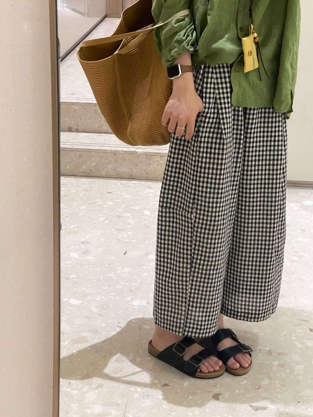 체크무늬 와이드 레그 팬츠 면 린넨 여성 흑인과 백인 체크무늬 루즈핏 슬림해 보이는 캐주얼 바지 출퇴근 한 부서 흑인과 백인 그리드 상세 이미지 2