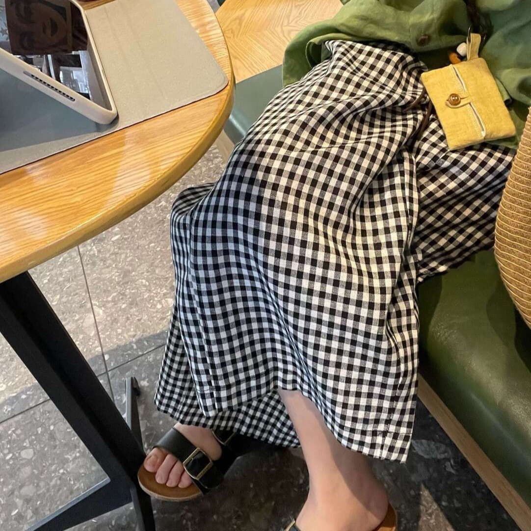 체크무늬 와이드 레그 팬츠 면 린넨 여성 흑인과 백인 체크무늬 루즈핏 슬림해 보이는 캐주얼 바지 출퇴근 한 부서 흑인과 백인 그리드 상세 이미지 3