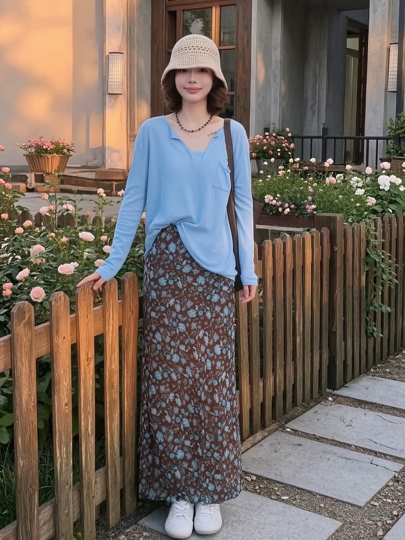 프랑스식 낭만주의 느슨함 센스 레트로 꽃무늬 반신 스커트 한 마디 롱 스커트 배 모양 몸 슬림해 보이는 표지 넓적 다리 사진 찍기 치마 상세 이미지 1