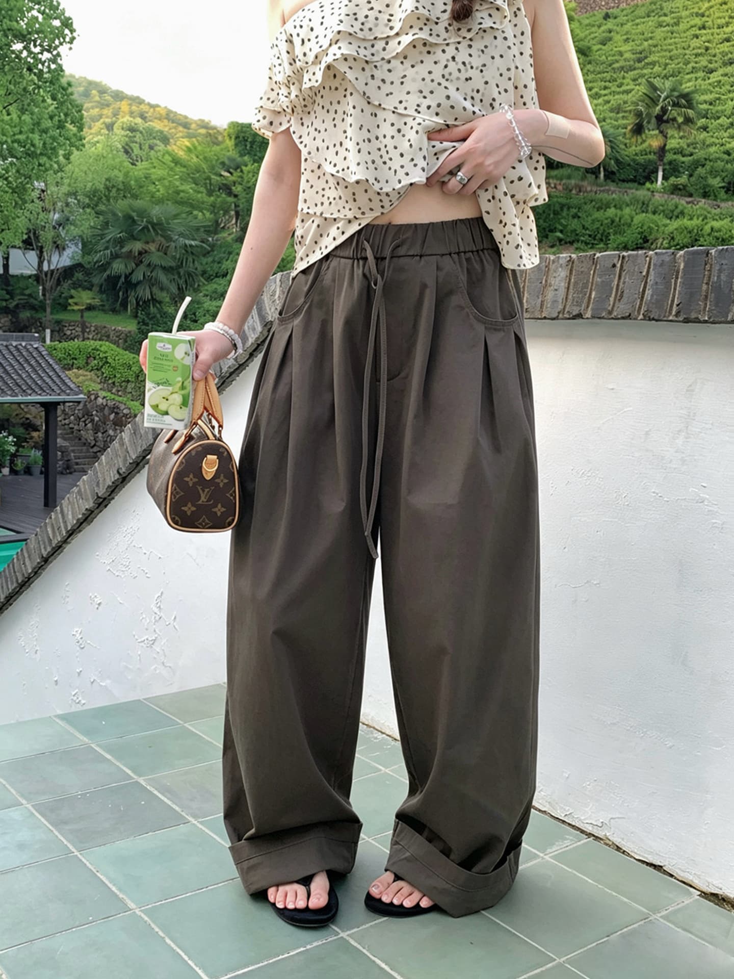 원에서 하느님 바지 봄 여름 순면 회색 녹색 다용도 허리밴드 캐주얼 바지 와이드 레깅스 바지 상세 이미지 2