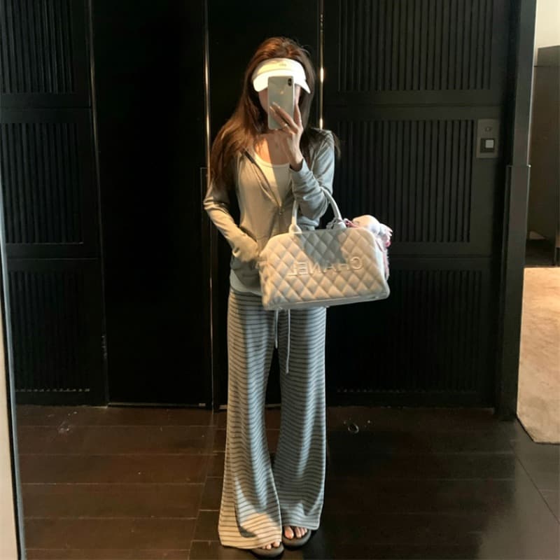 호흡 센스 스트라이프 게으른 바지 도루 센스 캐주얼 긴 바지 여성 여름 다용도 부츠컷 바지 이미지 5