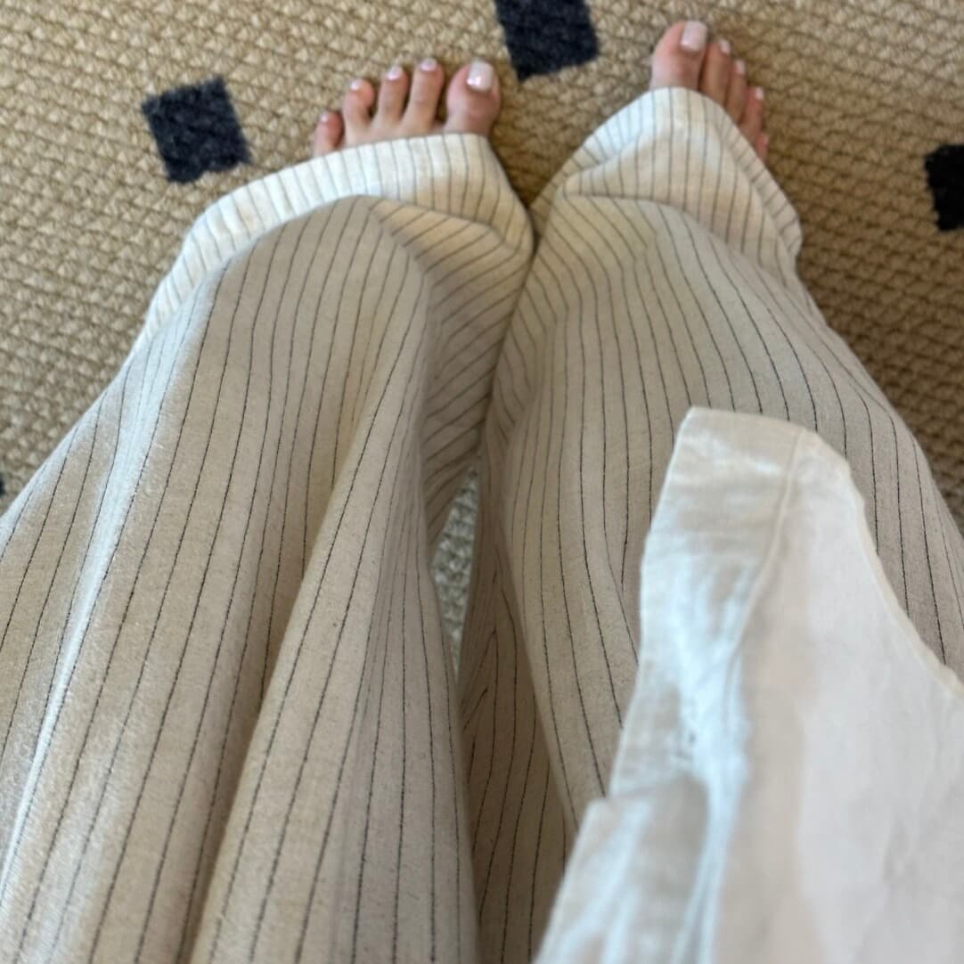 느슨함 센스 가을 아마 바지 스트라이프 한 부서 캐주얼 바지 허리밴드 면 린넨 바지 운동 긴 바지 상세 이미지 2