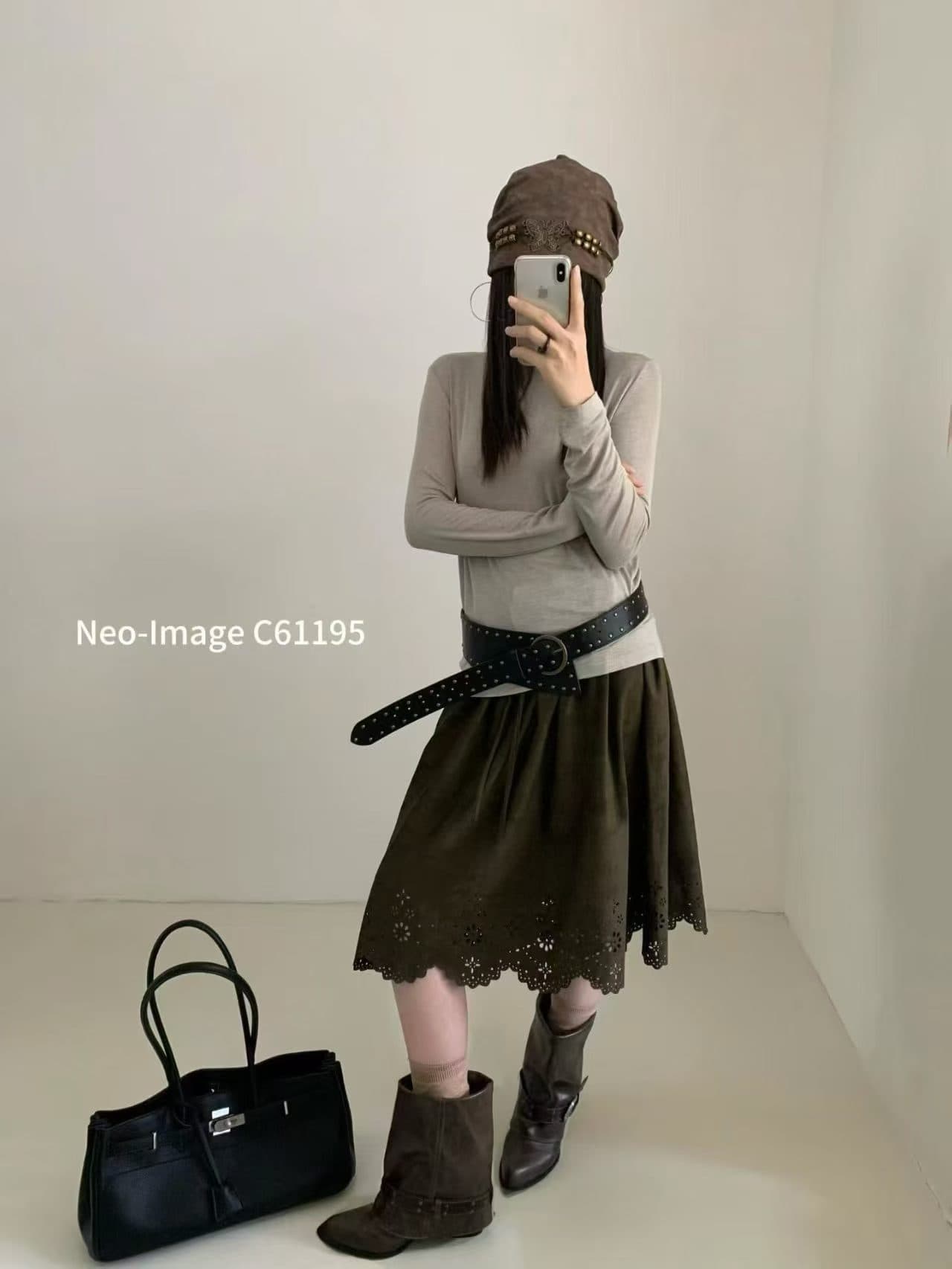 레트로 사슴 캐시미어 한 마디 반신 스커트 여성 26 가을 레이저 조각 홀로우 아웃 허리밴드 슬림해 보이는 중간 스커트 다섯 그룹화 상세 이미지 4