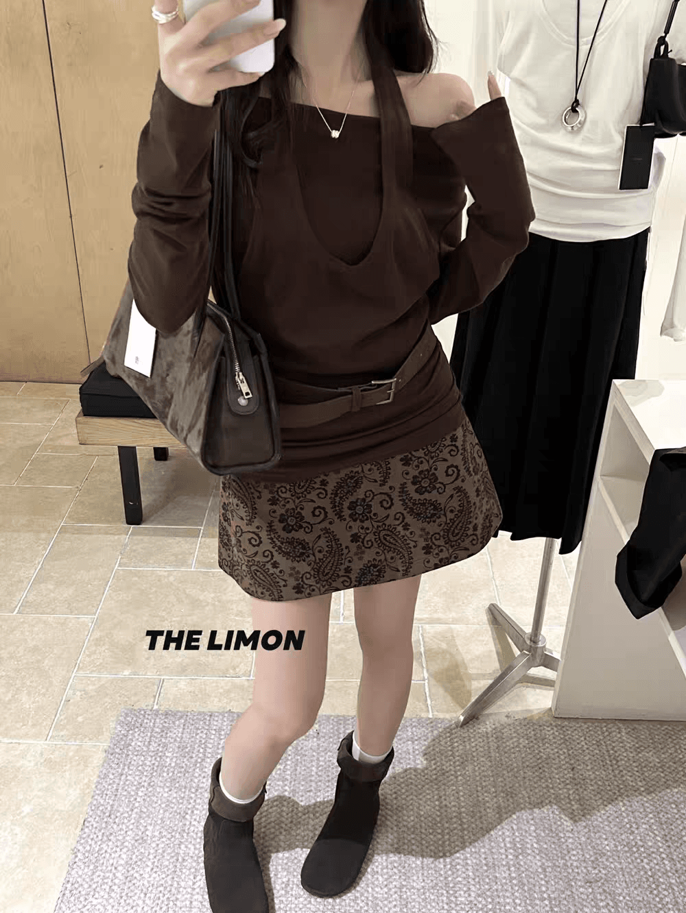 the limon 레몬 녹차 프랑스식 레트로 스웨이드 원단 캐슈 꽃 하이웨이스트 슬림해 보이는 반신 스커트 이미지 4