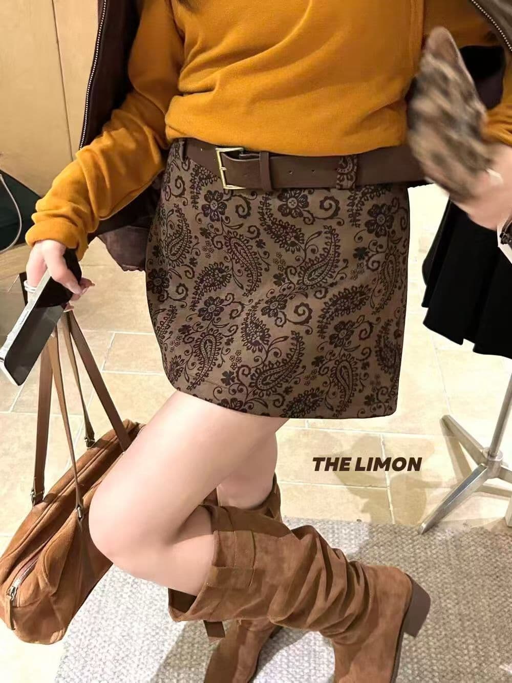 the limon 레몬 녹차 프랑스식 레트로 스웨이드 원단 캐슈 꽃 하이웨이스트 슬림해 보이는 반신 스커트