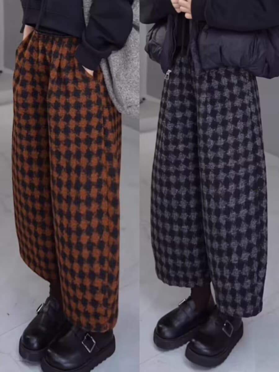 두꺼운 체크무늬 가을 겨울 고급 레트로 배 모양 루즈핏 슬림해 보이는 패션 외국 가스 캐주얼 풍선 바지 상세 이미지 3