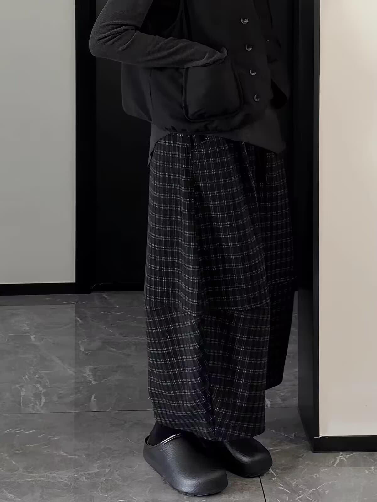 모직 레트로 느긋한 바람 체크무늬 캐주얼 모통이 칼 바지 여성 봄 가을 높은 품질 와이드 레그 팬츠 배기 바지 이미지 2