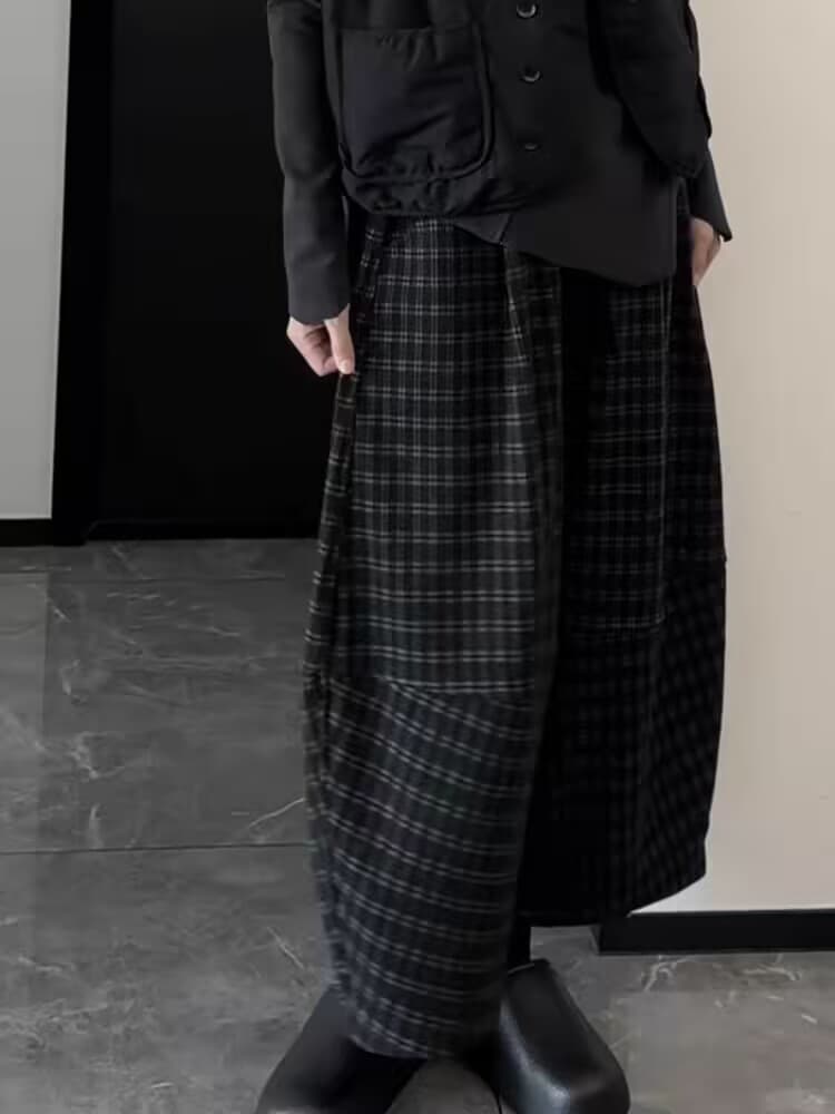 모직 레트로 느긋한 바람 체크무늬 캐주얼 모통이 칼 바지 여성 봄 가을 높은 품질 와이드 레그 팬츠 배기 바지 이미지 3