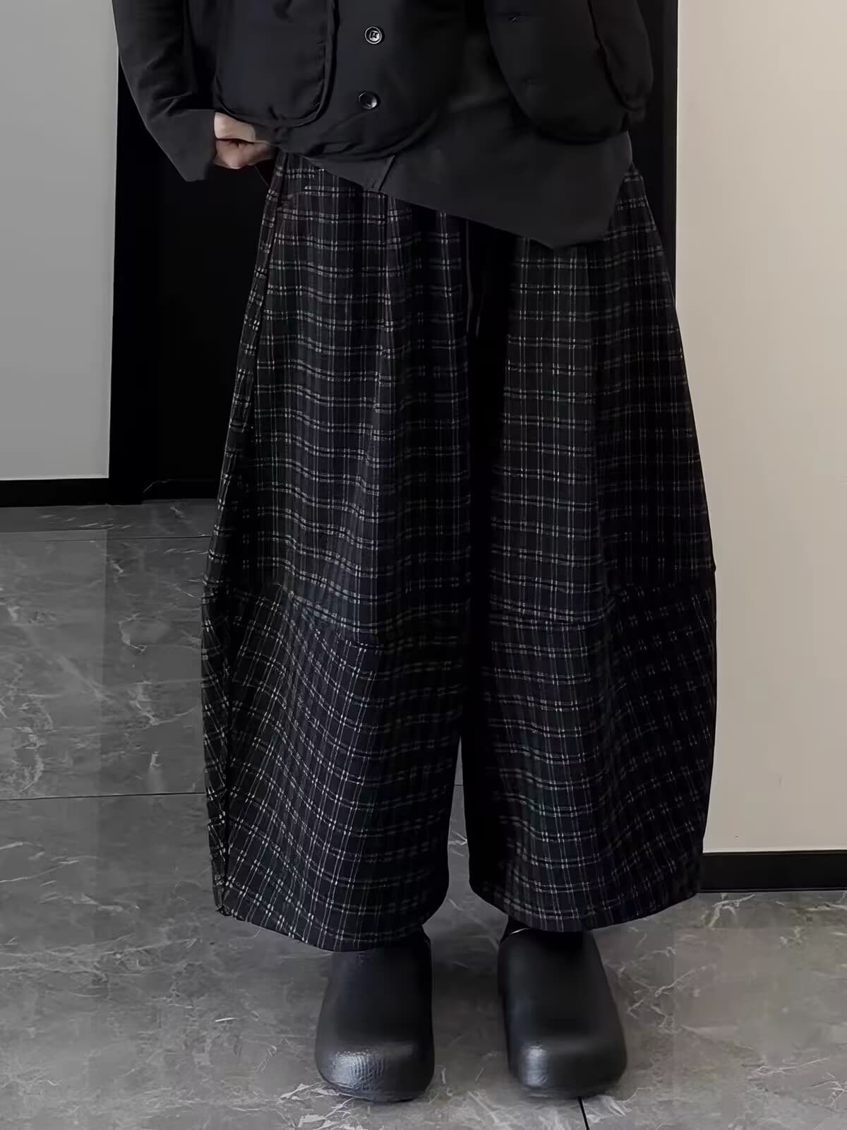 모직 레트로 느긋한 바람 체크무늬 캐주얼 모통이 칼 바지 여성 봄 가을 높은 품질 와이드 레그 팬츠 배기 바지 상세 이미지 4