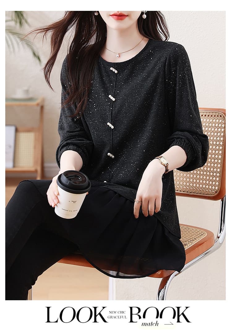 실사 2026 가을 새로운 빅 사이즈 지방 mm 표지 고기 슬림해 보이는 빛나는 패치워크 페이크 레이어드 다용도 맨위 상세 이미지 20