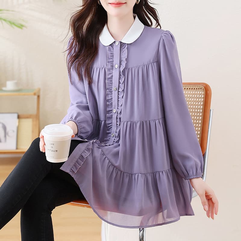 실사 2026 가을 새로운 배색 베이비 칼라 한국 스타일 여성 빅 사이즈 셔츠 지방 mm 외국 가스 연령 감소 다용도 맨위 이미지 3