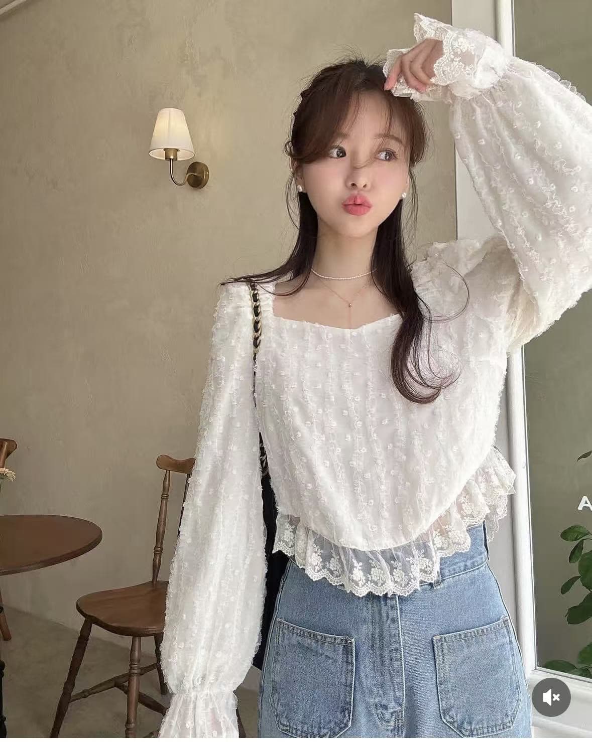 지금 우아함 품격 레이스 자수 연령 감소 셔츠